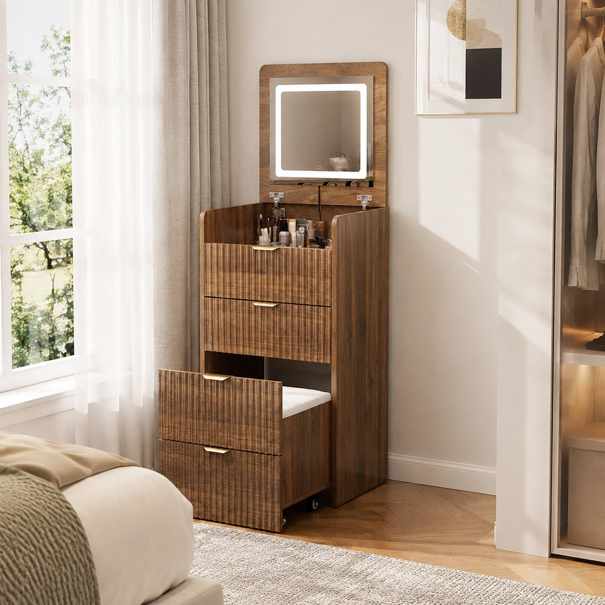 Angle. RYHNUYNE - 3 in 1 Vanity Desk, Flip Top Mirror with Lights, 3 Drawers, Rolling Stool, Walnut Makeup Table - Walnut.