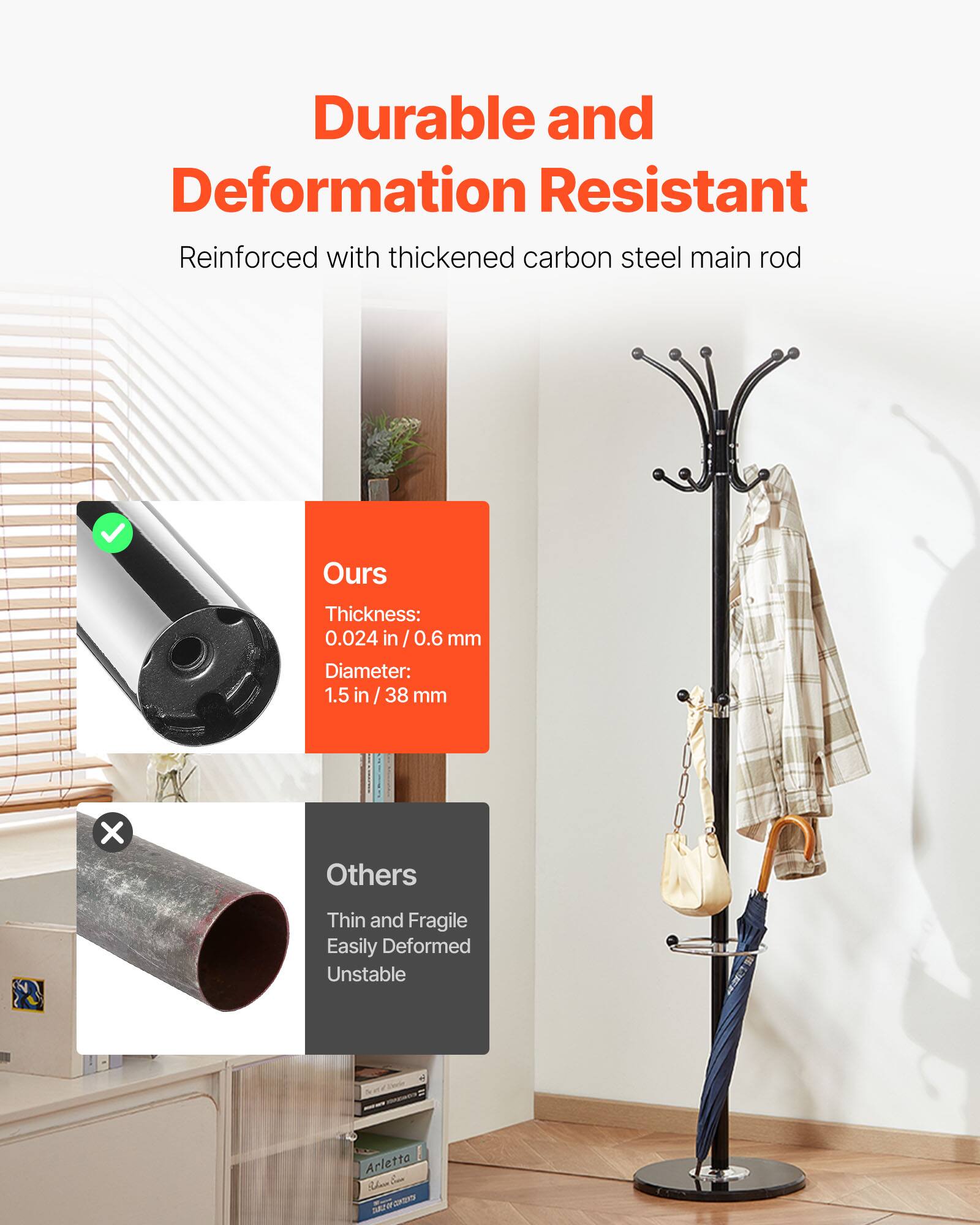 Durable and Deformation Resistant  
Reinforced with thickened carbon steel main rod  

Ours  
Thickness: 0.024 in / 0.6 mm  
Diameter: 1.5 in / 38 mm  

Others  
Thin and Fragile  
Easily Deformed  
Unstable