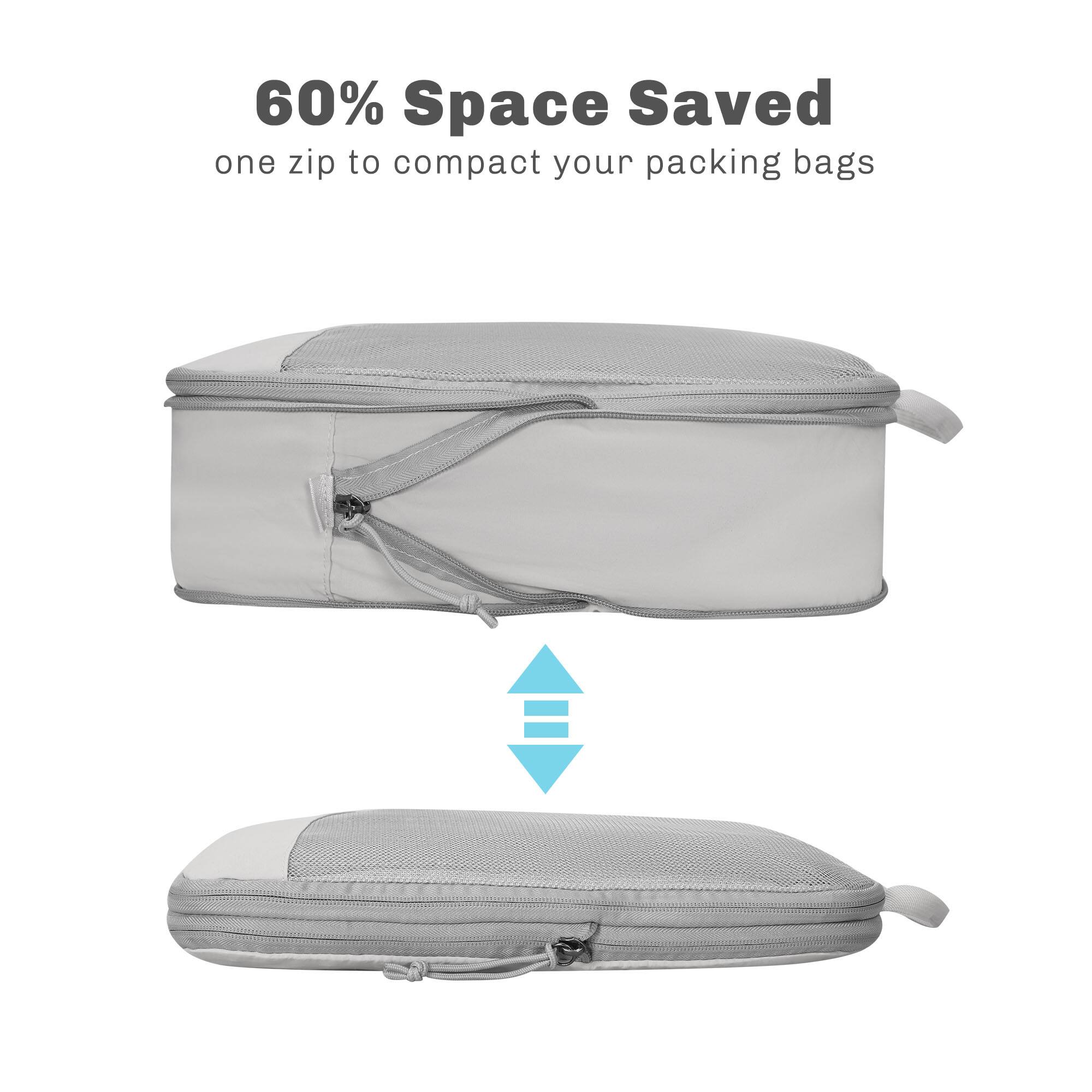 60% Space Saved  
one zip to compact your packing bags