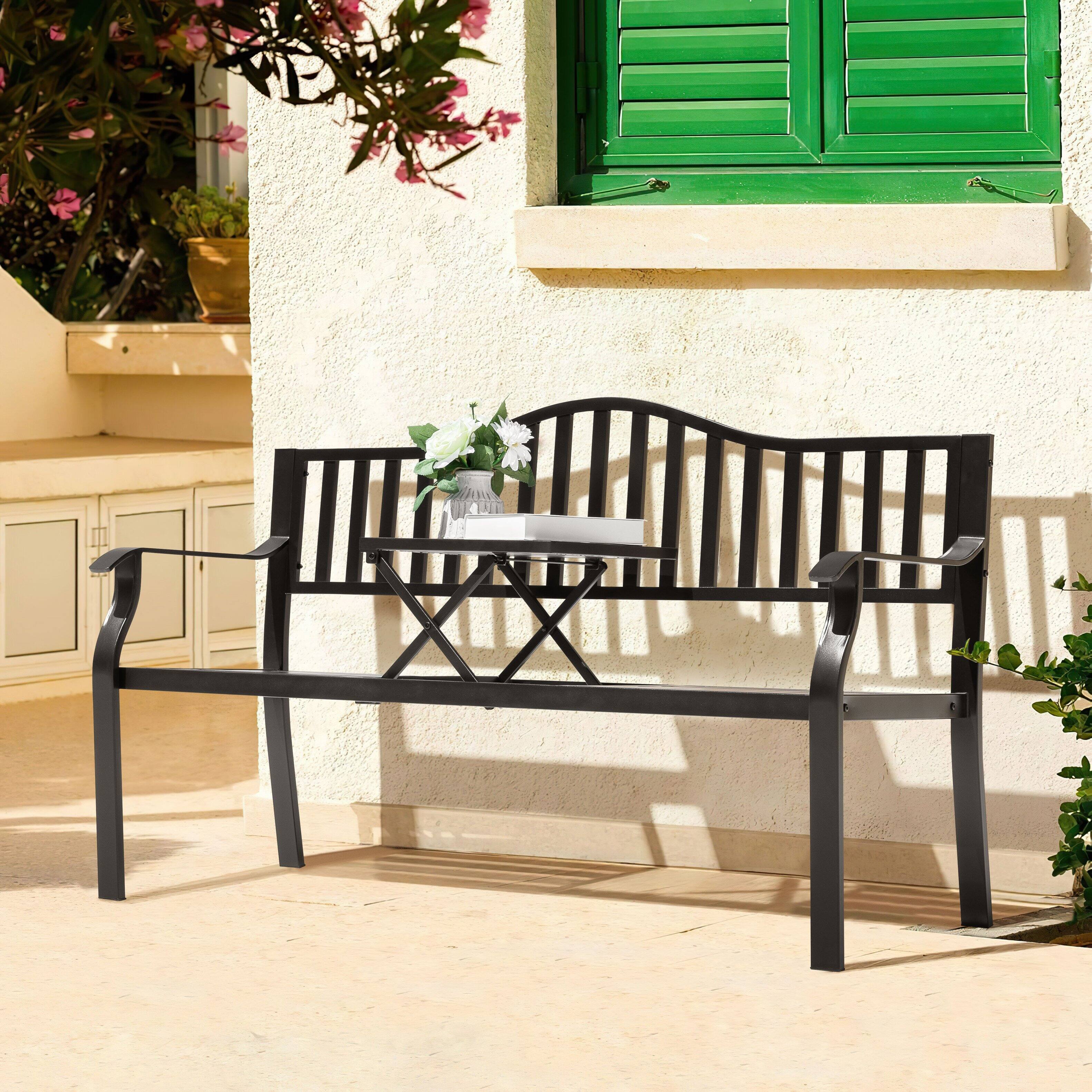 Angle. Nuu Garden - E-Coated Metal Frame Outdoor Bench with Backrest and a Built-In Small Table - Black.