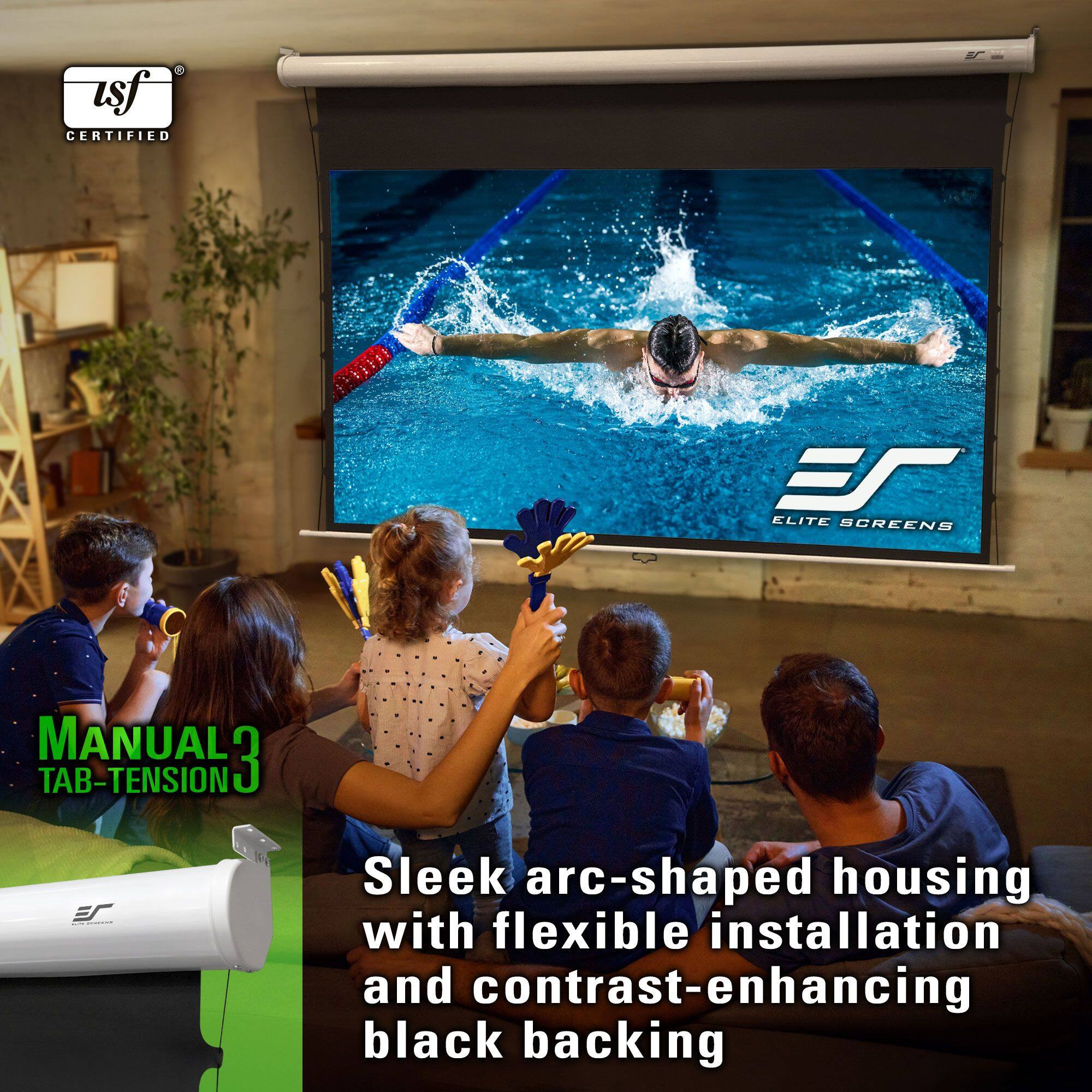 usf CERTIFIED  
ELITE SCREENS  
MANUAL 3 TAB-TENSION  
Sleek arc-shaped housing with flexible installation and contrast-enhancing black backing