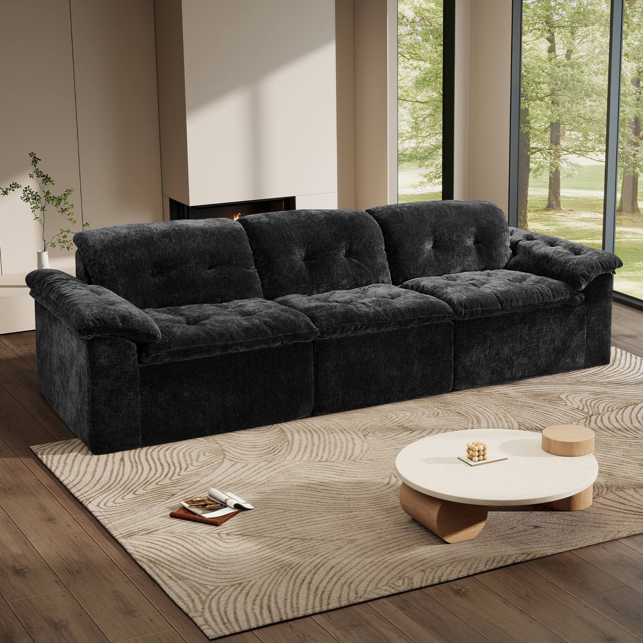 Angle. Anysun - Anysun 3-Seater Luxurious Modern Cloud Chenille Modular Sectional Sofa with Detachable Backrest - Black.