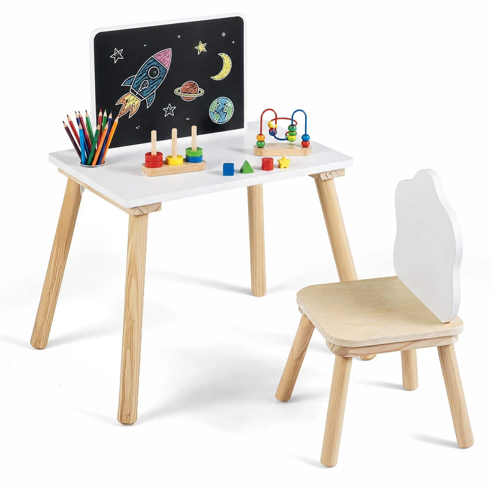 Costway - Kids Weaning Table and Chair Set with Chalkboard - White + Natural