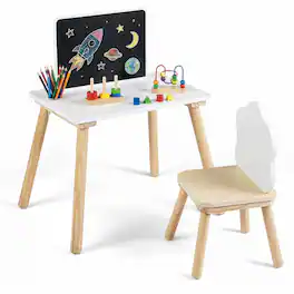 Costway - Kids Weaning Table and Chair Set with Chalkboard - White + Natural