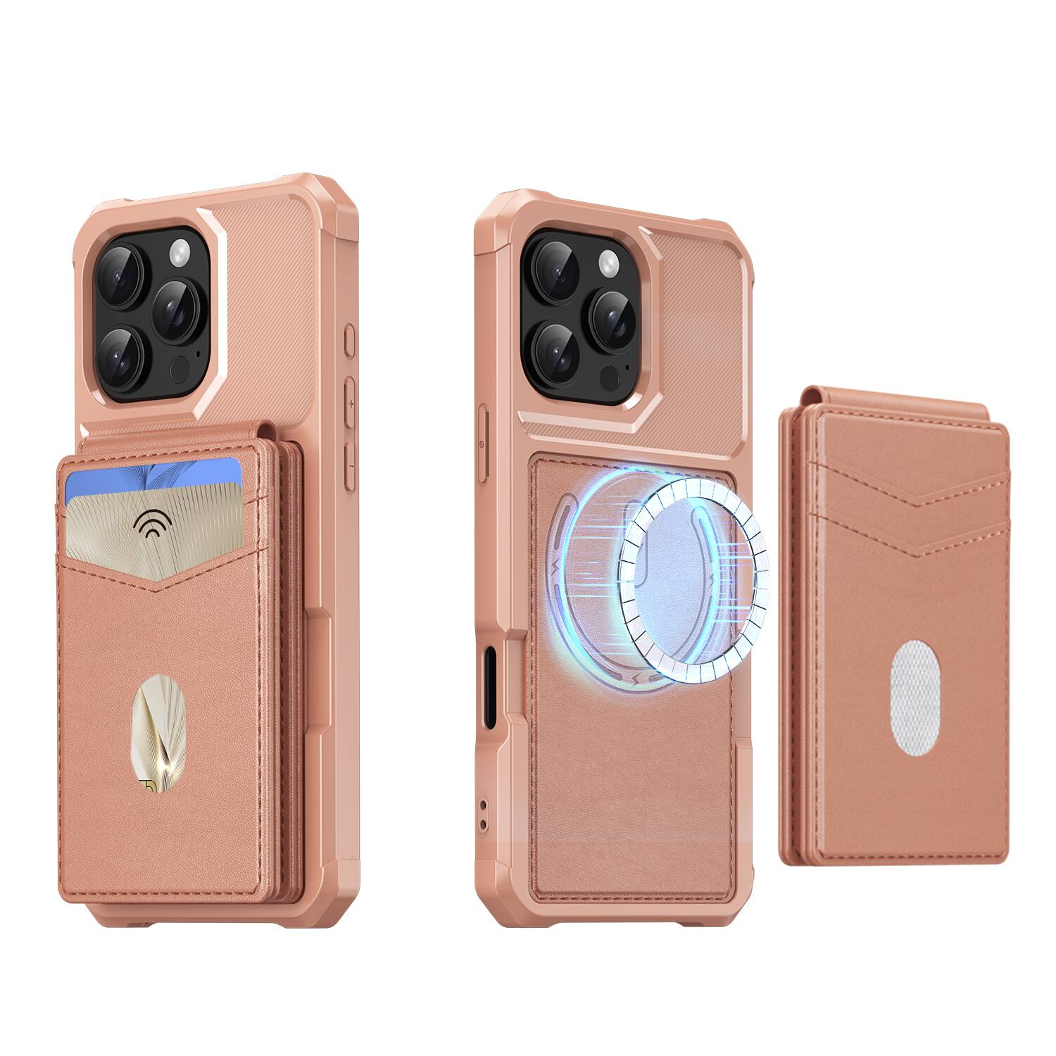 Angle. Dteck - For Apple iPhone 16 Pro 2-in-1 Magnetic Leather Flip Stand Wallet Case RFID Blocking Detachable Card Holder - Rosegold.