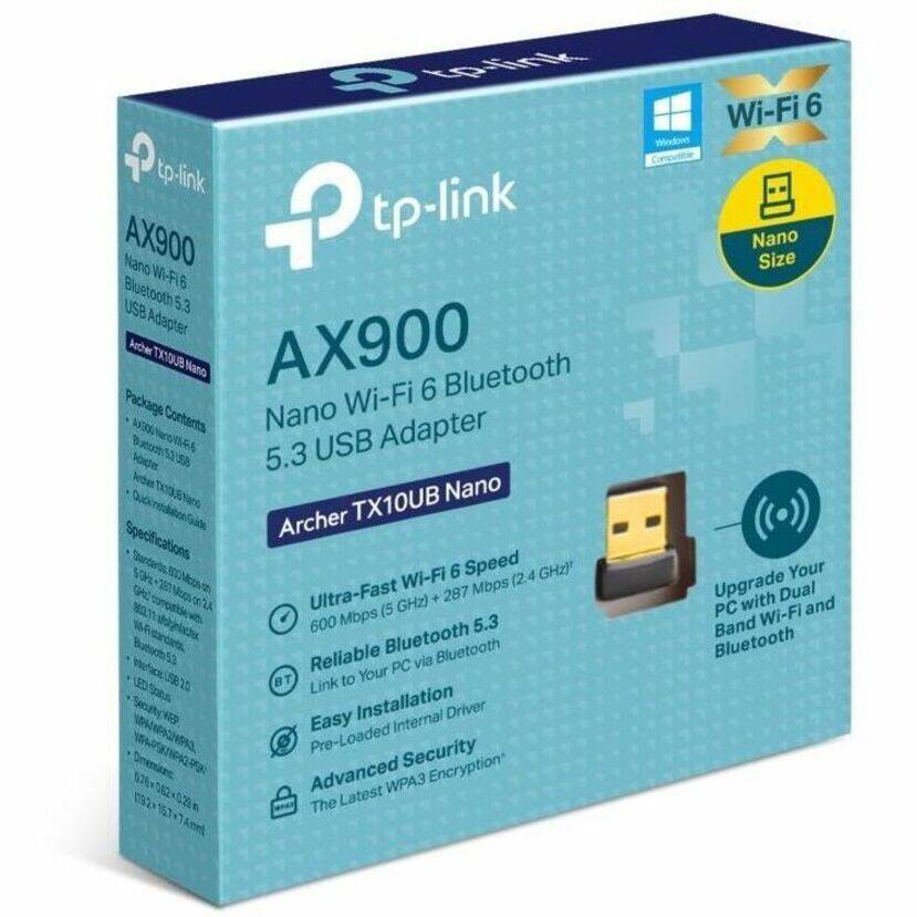 **TP-Link AX900**

**Nano Wi-Fi 6 Bluetooth 5.3 USB Adapter**

**Archer TX10UB Nano**

**Package Contents:**
- AX900 Nano Wi-Fi 6
- Bluetooth 5.3
- USB Adapter
- Quick Installation Guide

**Specifications:**
- Standards: IEEE 802.11ax, IEEE 802.11ac, IEEE 802.11n, IEEE 802.11g, IEEE 802.11b
- Wi-Fi 6 Speed: 600 Mbps (5 GHz) + 287 Mbps (2.4 GHz)
- Bluetooth: Bluetooth 5.3
- Security: WPA3 Encryption
- Operating System: Windows Compatible
- Dimensions: 1.52 x 1.57 x 7.4 mm

**Features:**
- **Ultra-Fast Wi-Fi 6 Speed:** 600 Mbps (5 GHz) + 287 Mbps (2.4 GHz)
- **Reliable Bluetooth 5.3:** Link to your PC via Bluetooth
- **Easy Installation:** Pre-loaded internal driver