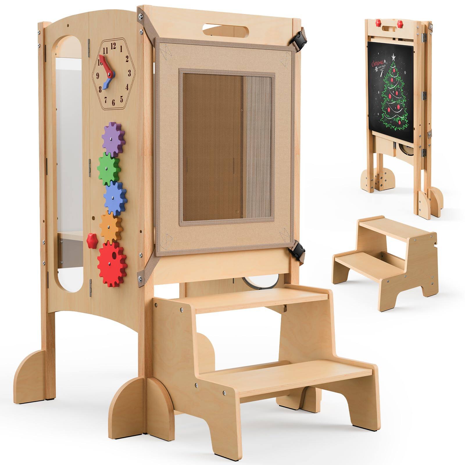 Koligey - Toddler Tower Foldable Toddler Kitchen Stool Helper with 2 Step Stool, Safety Net, Adjustable Height - Brown price history on PriceWatchPro