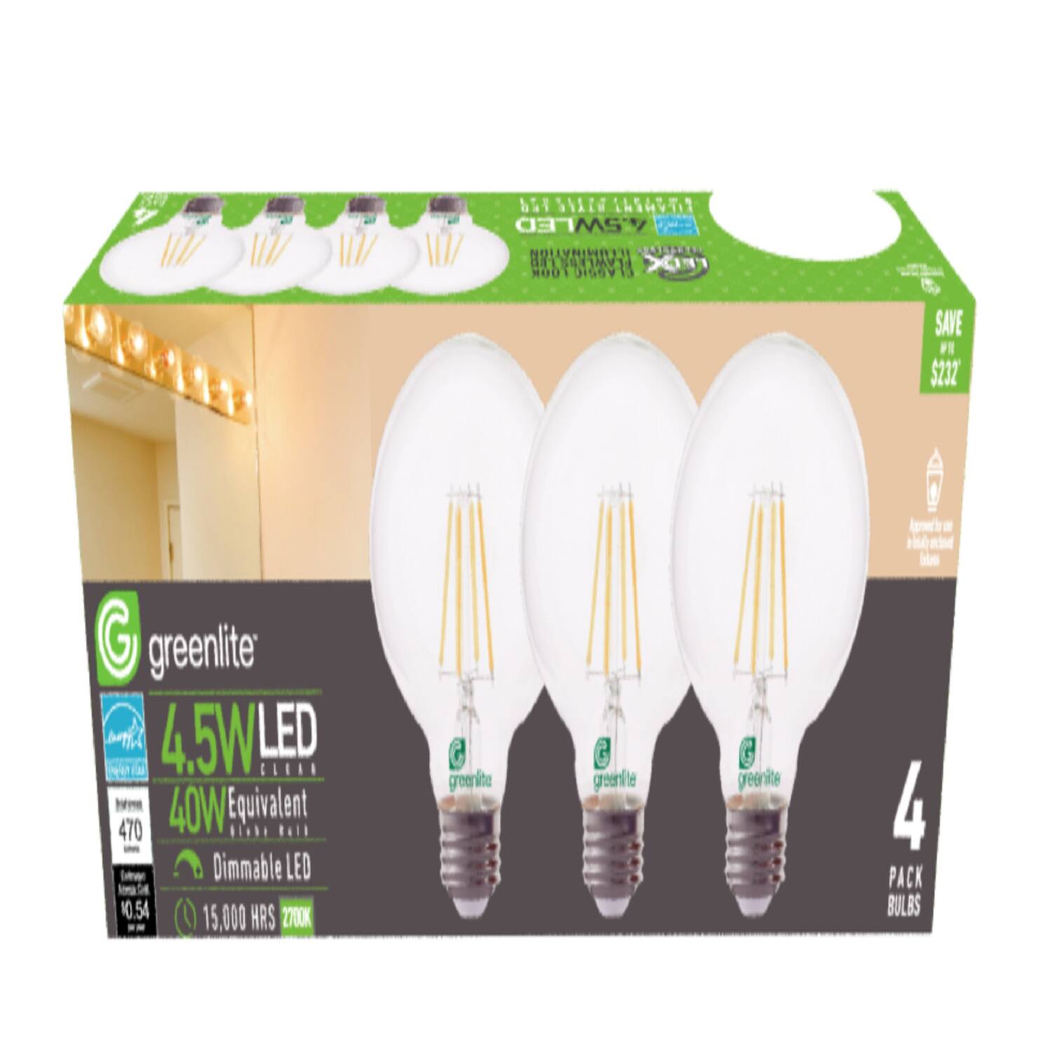 SNARM LATASTIA 4.5W LED  
ITEMILLIVITY XIII TOOK CLASSIC  
SAVE $52.32  
Greenlite 4.5W LED 40W Equivalent 470 Dimmable LED 0.54 15,000 HRS 2700K  
4 PACK BULBS