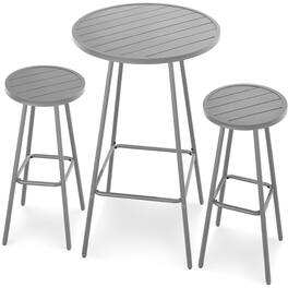 Best Choice Products - 3-Piece Steel Patio Bar Height Round Bistro Set w/ Backless Stools, Slatted Design - Gray