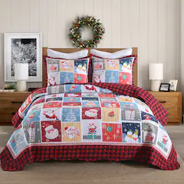 MarCielo - 3-Piece Festive Christmas King Quilt Bedspread Set Holiday Bedding C104 - Red