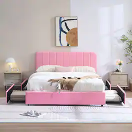 Vecelo - Full Size Storage Bed Frame with 4 Drawers - Velvet Upholstered, Adjustable Headboard, 800lb Capacity, Noise Free - Pink
