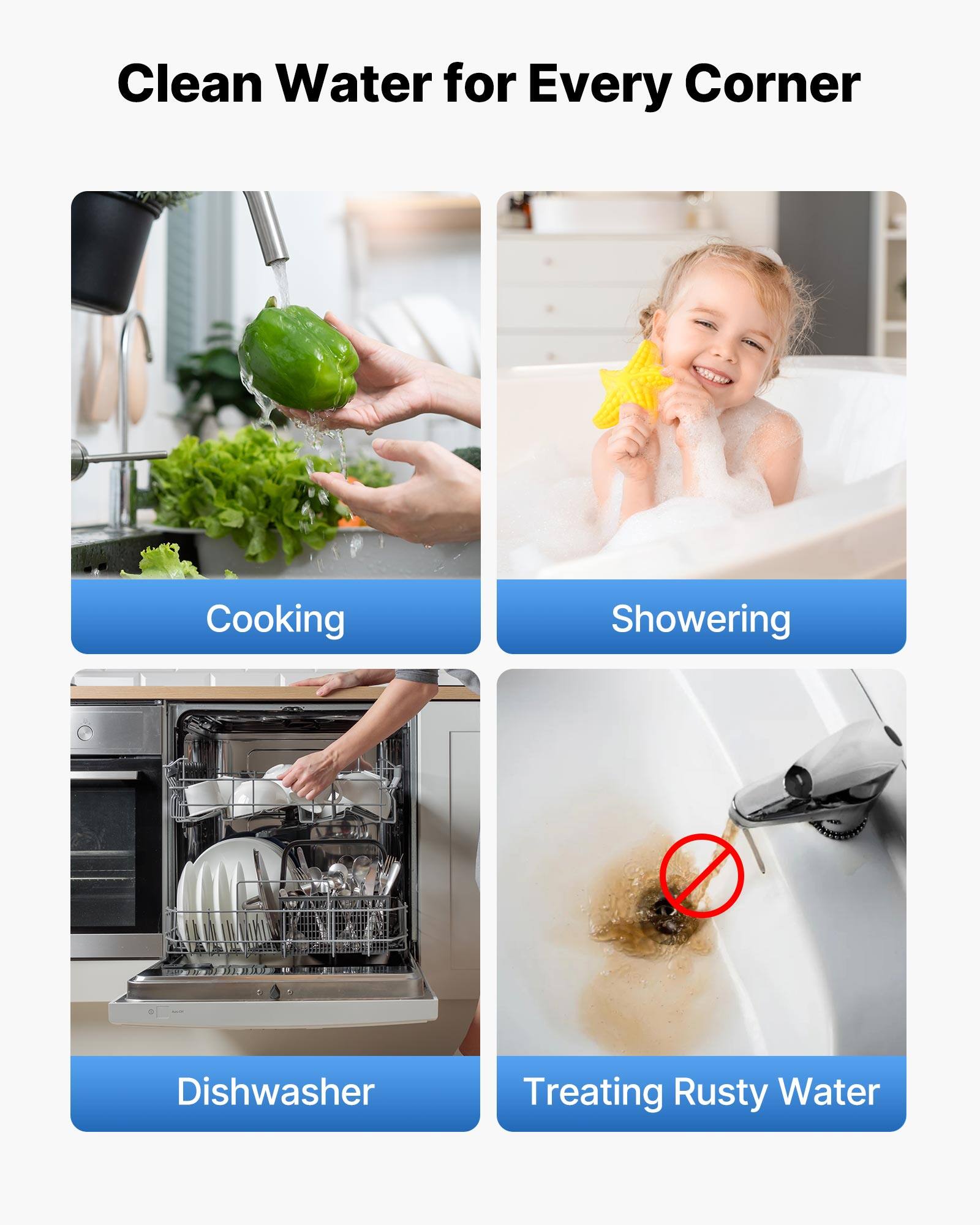 Clean Water for Every Corner

- Cooking
- Showering
- Dishwasher
- Treating Rusty Water