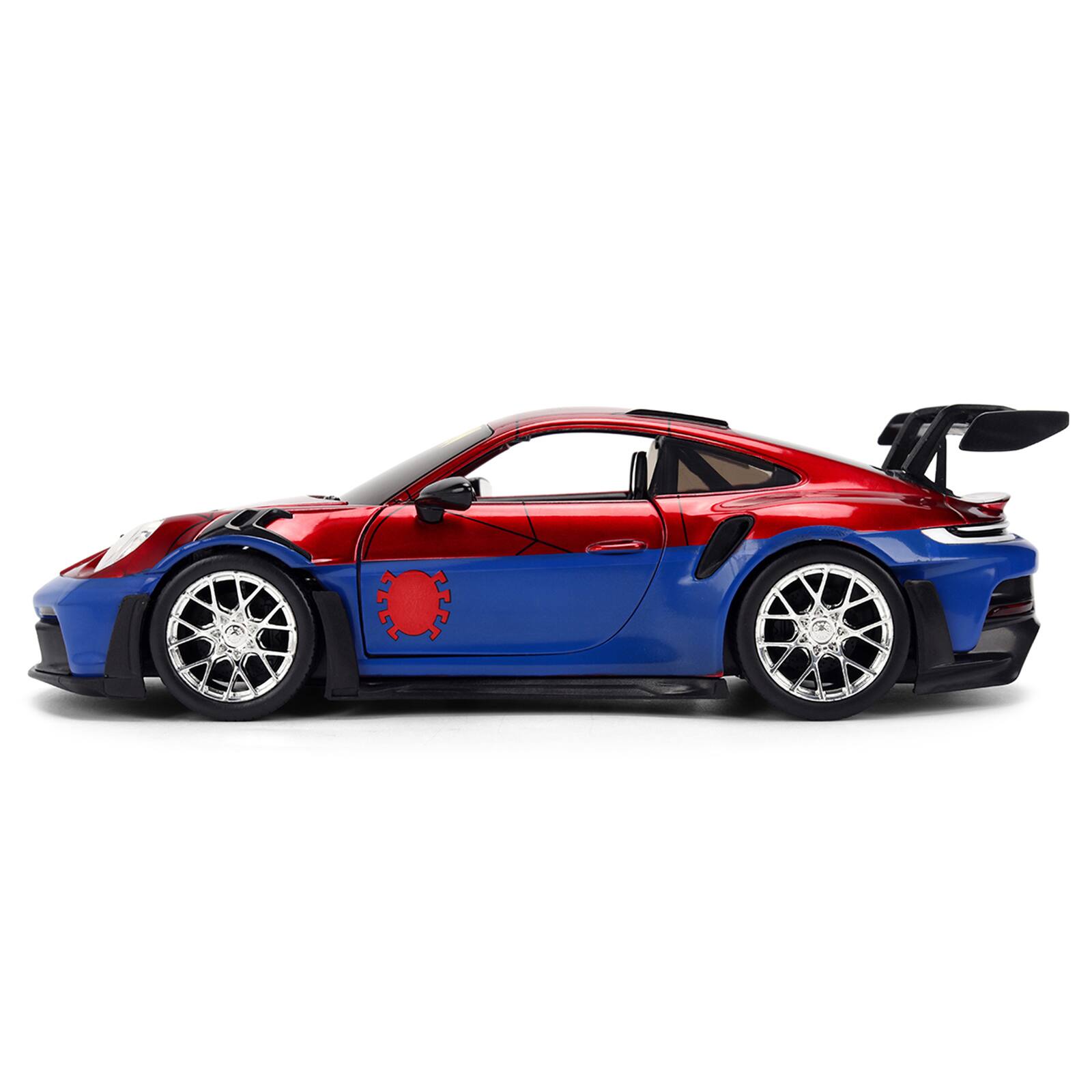 Alt View 3. Jada - Porsche 911 GT3 RS (992) Red and Blue with Graphics and Figure "Marvel Spider-Man" 1/24 Diecast Model Car by Jada.