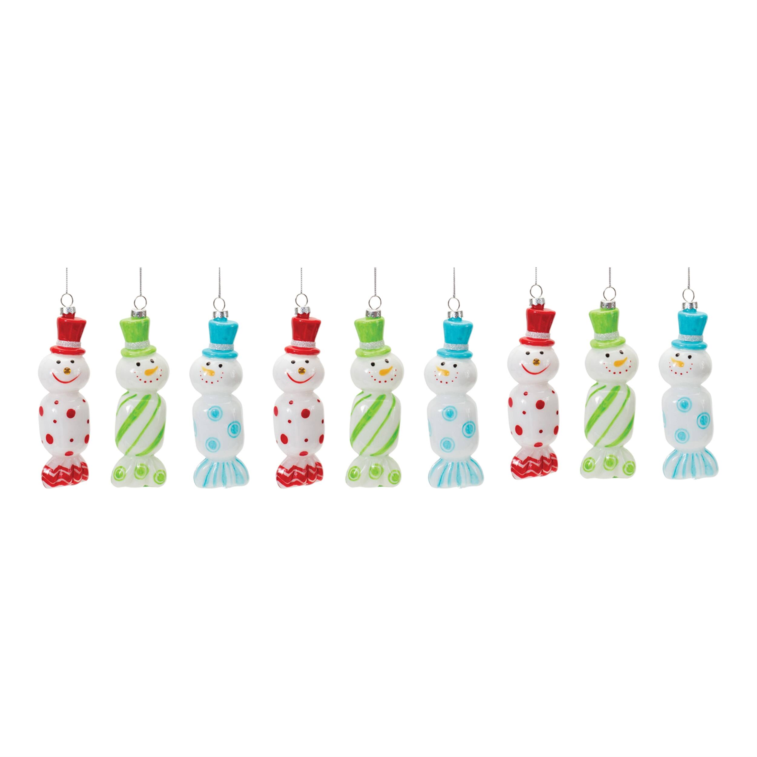 Left. BreeBe - Glass Snowman Candy Ornament (Set of 12) - Green, Red, Blue.