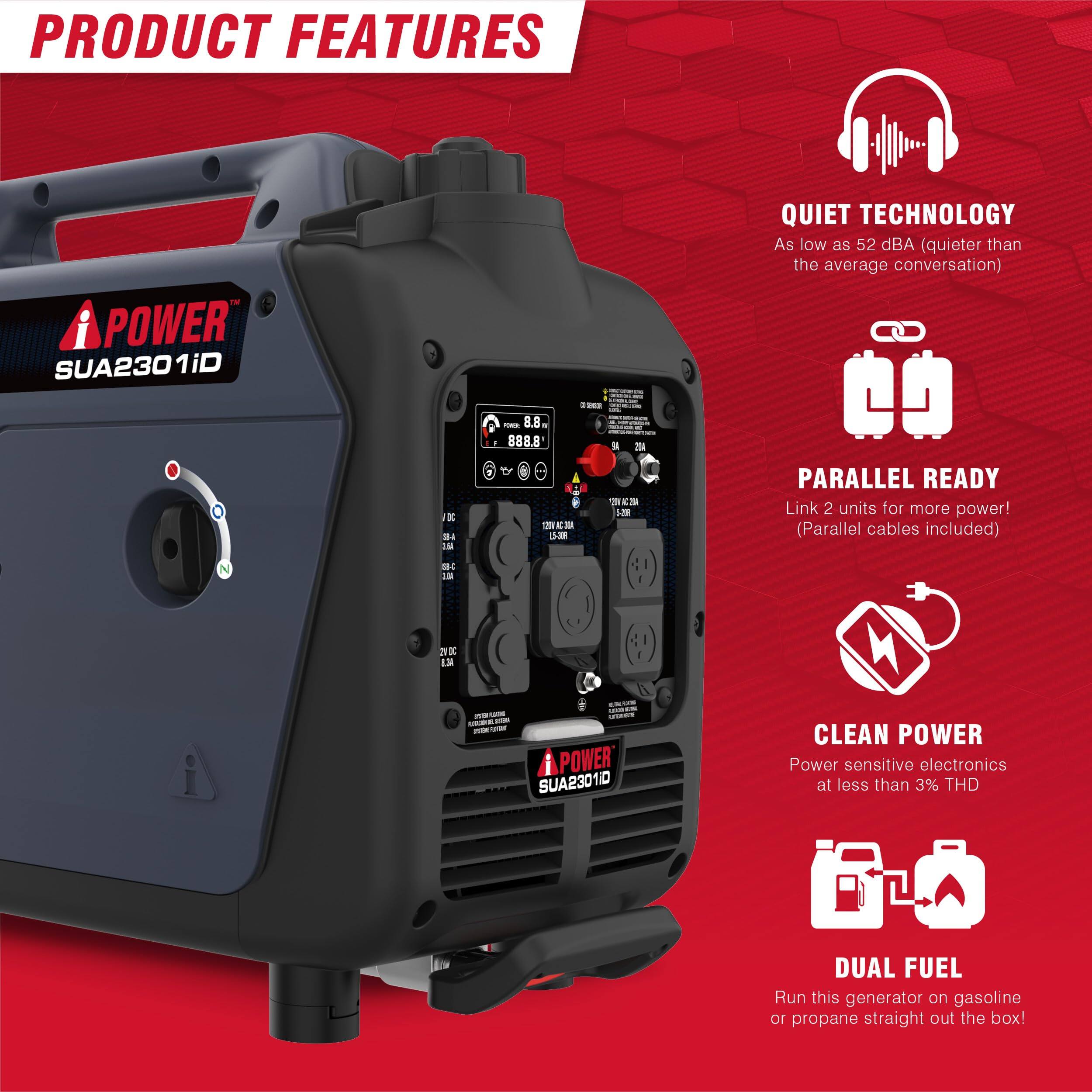PRODUCT FEATURES

- QUIET TECHNOLOGY
  As low as 52 dBA (quieter than the average conversation)

- PARALLEL READY
  Link 2 units for more power! (Parallel cables included)

- CLEAN POWER
  Power sensitive electronics at less than 3% THD

- DUAL FUEL
  Run this generator on gasoline or propane straight out the box!