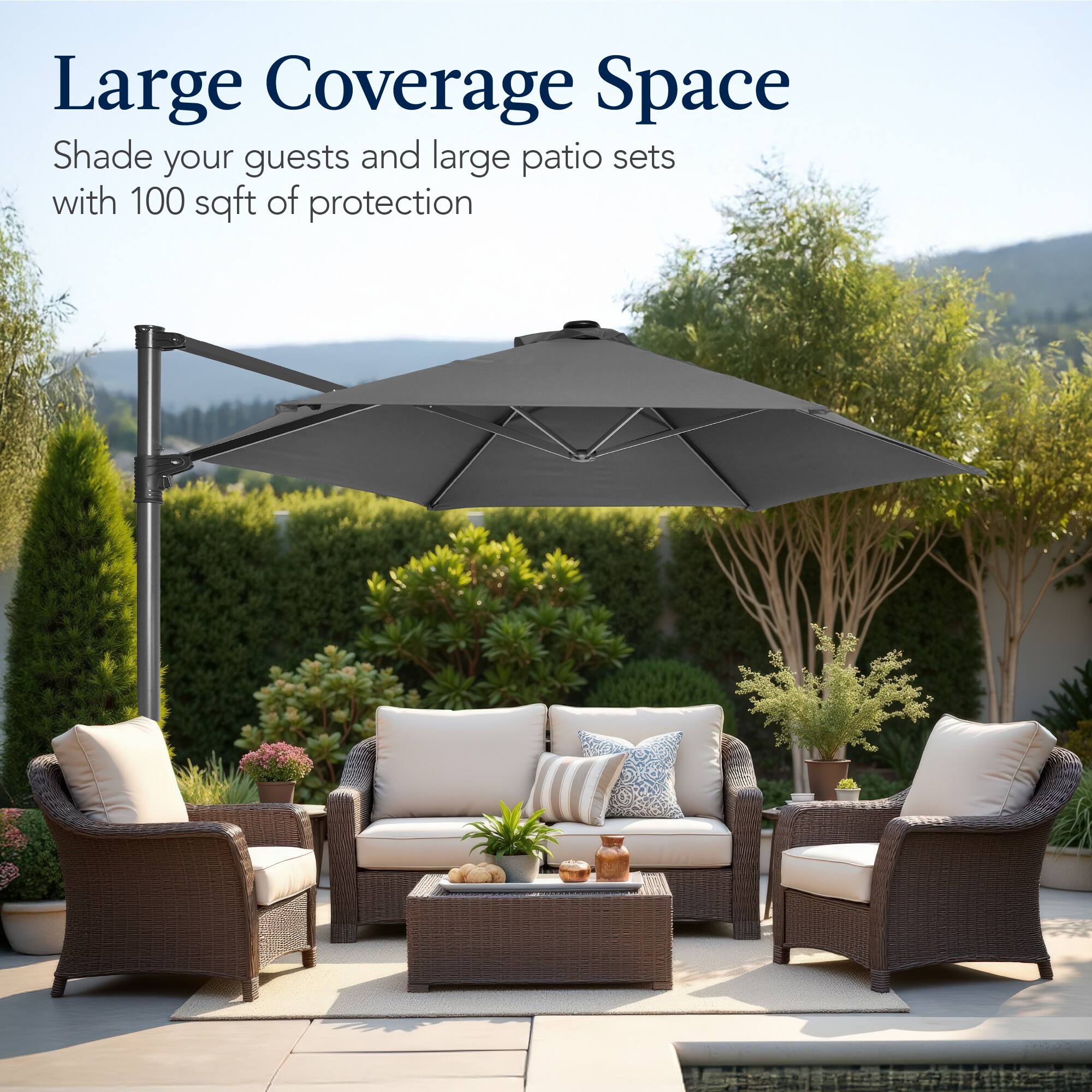 Large Coverage Space  
Shade your guests and large patio sets with 100 sqft of protection