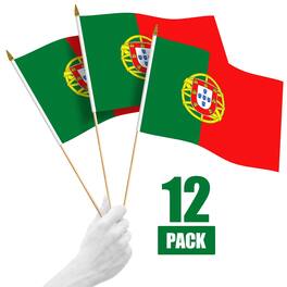 G128 - 12 Pack Handheld Portugal Stick Flags, 12 x 18 in, 150D Polyester with Wooden Poles and Gold Spear Tips - Assorted Colors