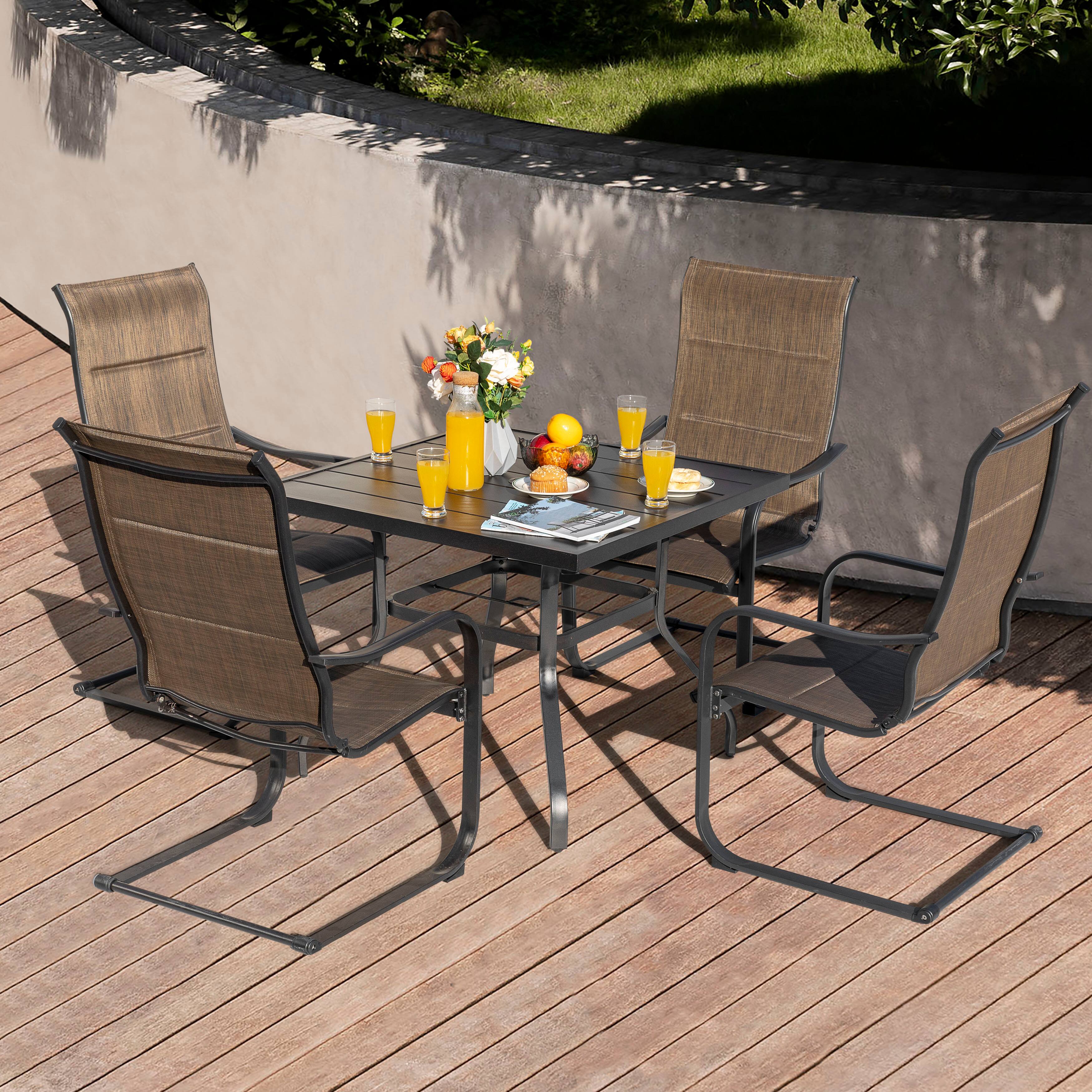 Back. Nuu Garden - Patio 5-Piece Dining Set, Premium Textilene Chairs, Square Iron Table - Brown.