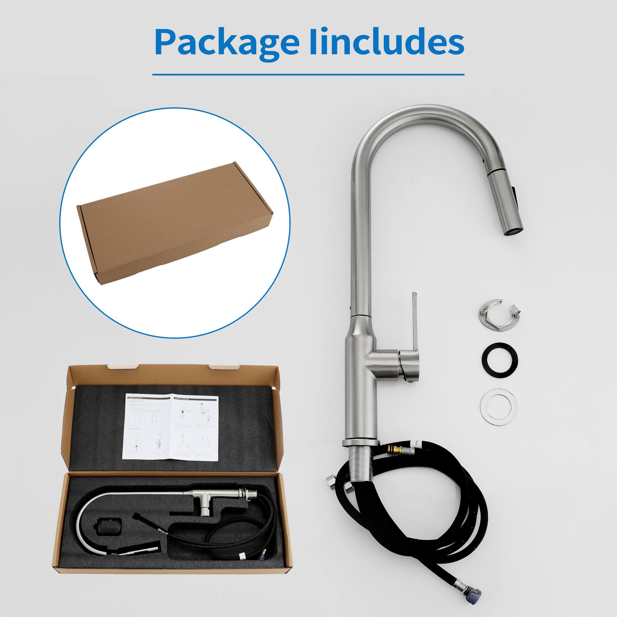 Package includes

- 1 x Faucet
- 1 x Installation Manual
- 1 x Hose
- 1 x Filter
- 1 x O-Ring
- 1 x Washer