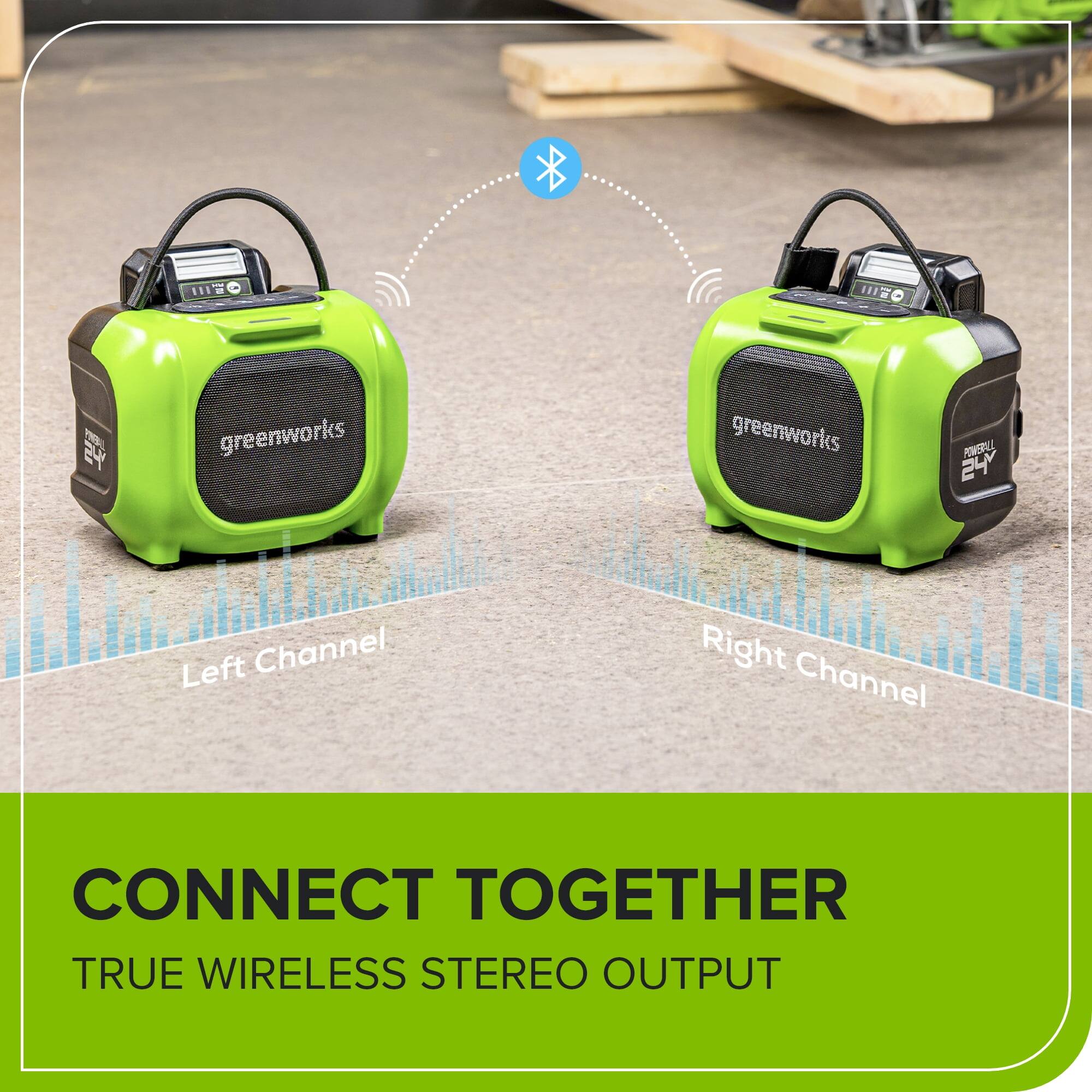 - Greenworks
- POMERALL 24
- Left Channel
- Right Channel
- CONNECT TOGETHER
- TRUE WIRELESS STEREO OUTPUT