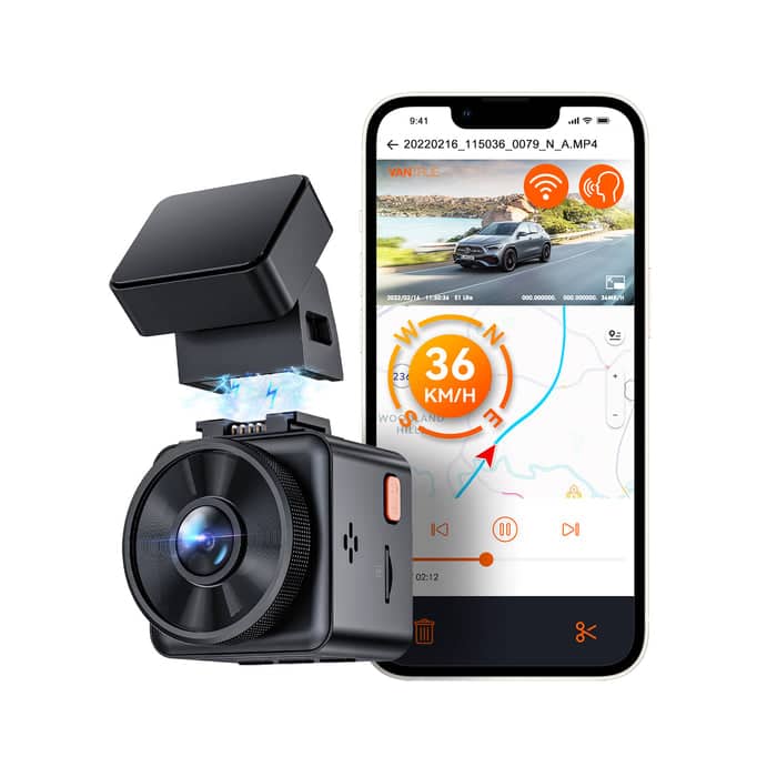 Vantrue - E1 Lite 1080P 60FPS Dashcam, Night Vision, Parking Mode, Voice Control, 5GHz Wi-Fi & GPS and Speed, Mobile App - Black