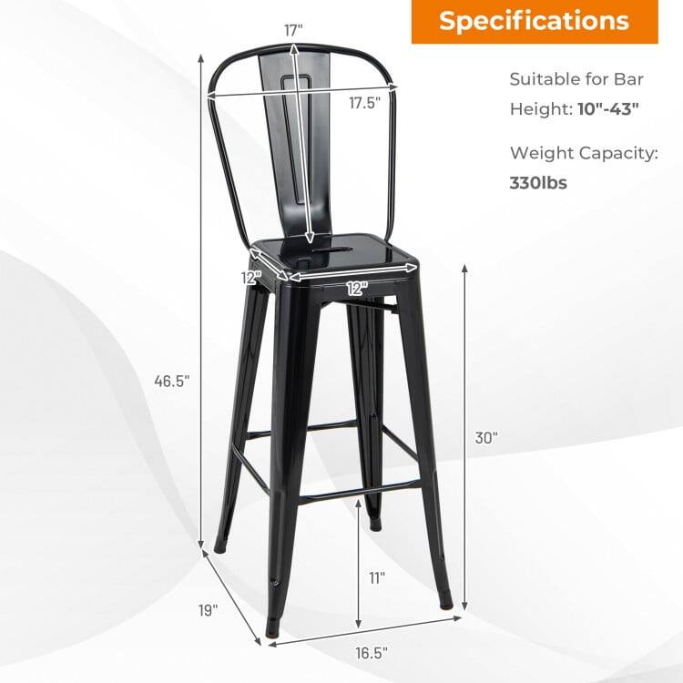 Specifications  
Suitable for Bar Height: 10"-43"  
Weight Capacity: 330lbs  

17"  
17.5"  
12"  
12"  
46.5"  
30"  
11"  
19"  
16.5"