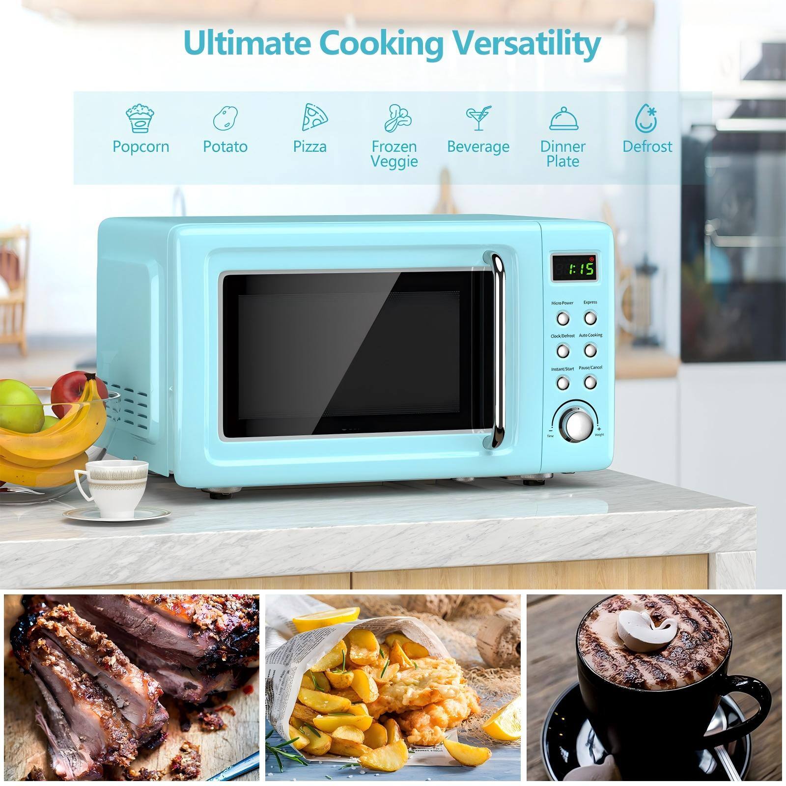 Ultimate Cooking Versatility  
Popcorn Potato Pizza Frozen Veggie Beverage Dinner Plate Defrost
