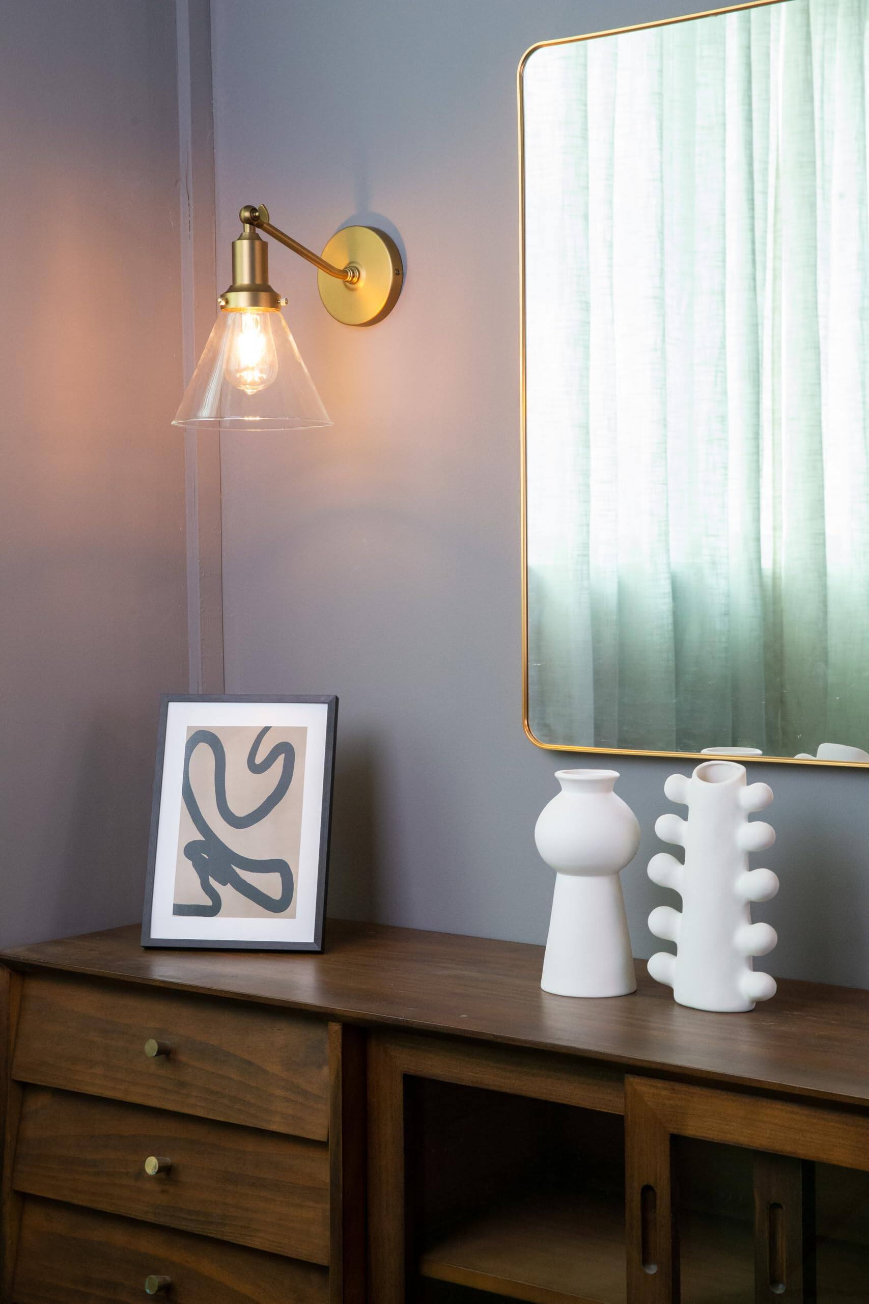 Left. Comfort Essence - Industrial Vintage Slope Pole Wall Mount Single Sconce With Funnel FlaClear Glass Shade Light Lamp Fixture - Brushed Funnel 1-Light Hardwired.