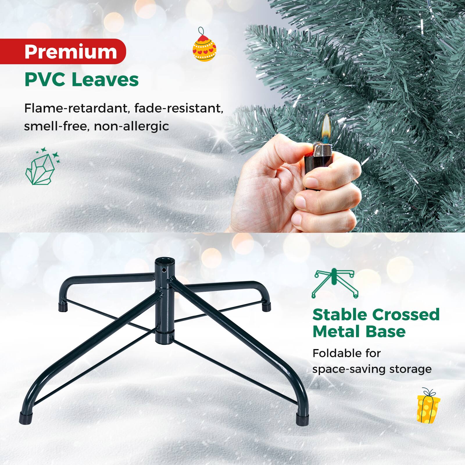 Premium PVC Leaves  
Flame-retardant, fade-resistant, smell-free, non-allergic  

Stable Crossed Metal Base  
Foldable for space-saving storage