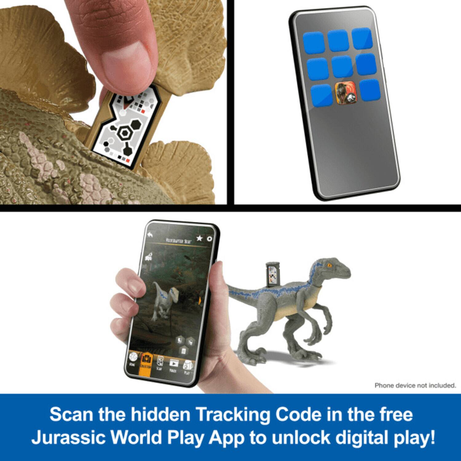 Phone device not included. Scan the hidden Tracking Code in the free Jurassic World Play App to unlock digital play!