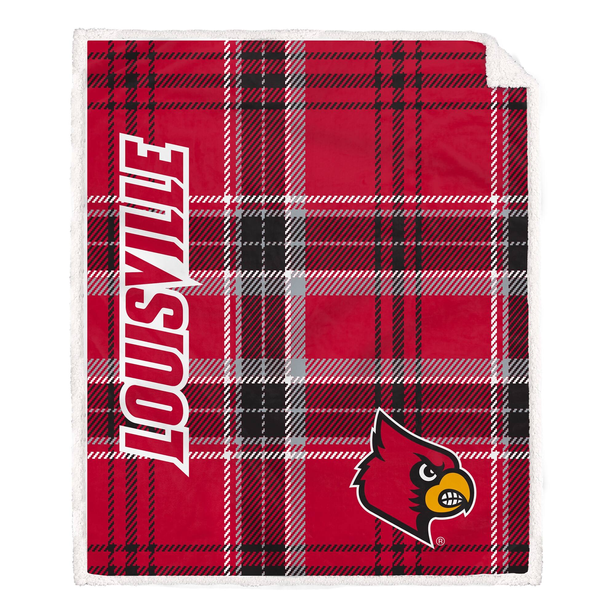 Front. Pegasus - Louisville Cardinals 50" x 60" Playmaker Plaid Ultra Cozy Sherpa Throw - Multicolor.