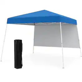 Costway - 10 X 10FT Pop up Canopy Tent with 1 Sidewall, Portable Backpack, 4 Stakes Slant Leg - Blue