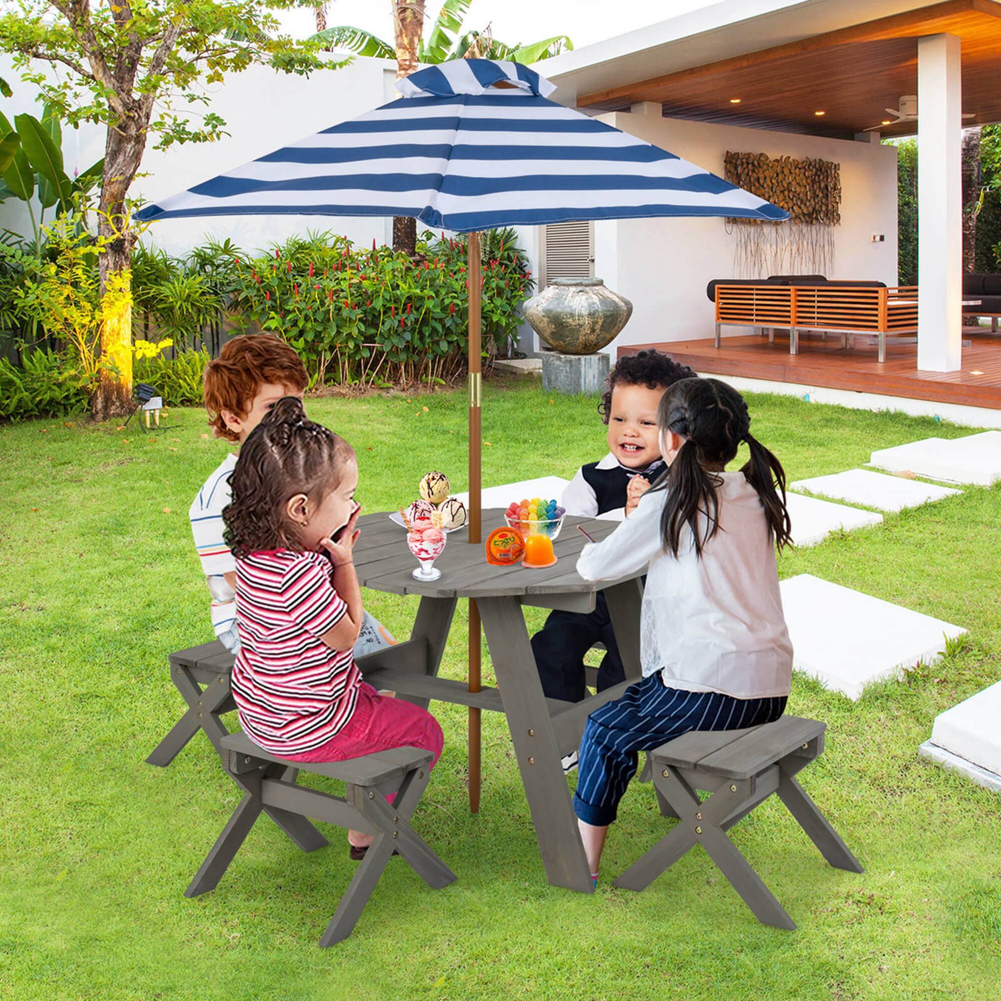 Alt View 1. Costway - Costway Kids Wooden Table Set with Octagon Table 4 Stools & Removable Adjustable Umbrella - Grey.