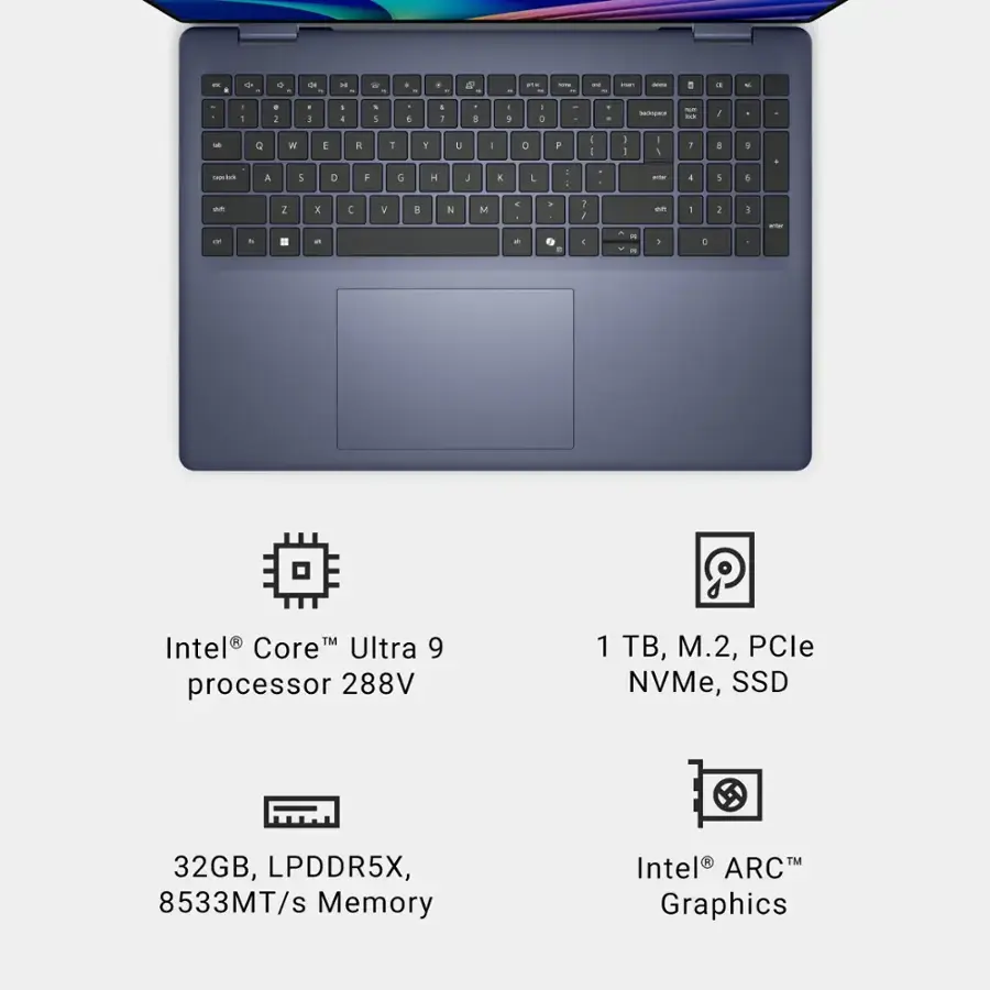 The image features a laptop with a colorful backlit keyboard. The laptop is equipped with an Intel Core Ultra 9 processor, 288V 1, M.2, PCle NVMe, SSD 32GB, LPDDR5X, and 8533MT/s Memory. Additionally, the laptop has Intel ARC Graphics.