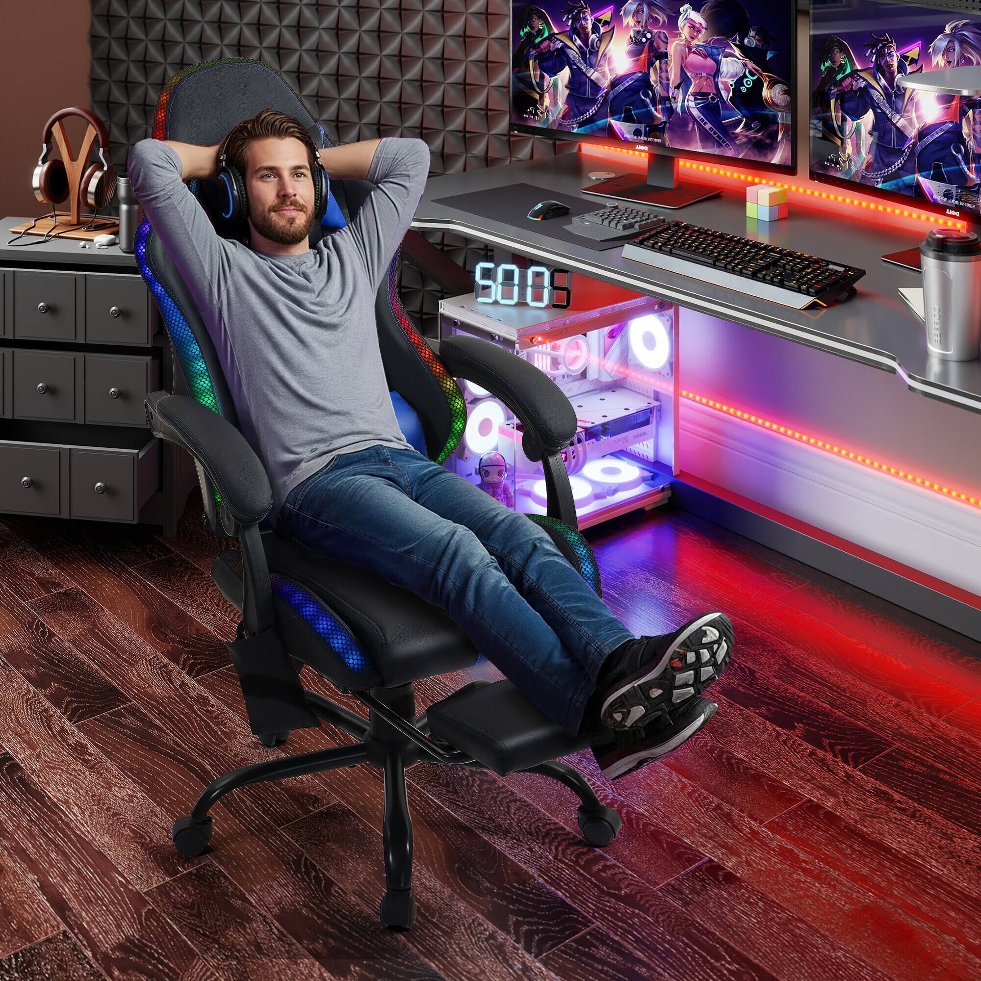 Left. U-HOMY - High-Back RGB LED Gaming Chair with Upgraded Lumbar Massager & Footrest, Ergonomic Reclining Computer Chair - Blue.