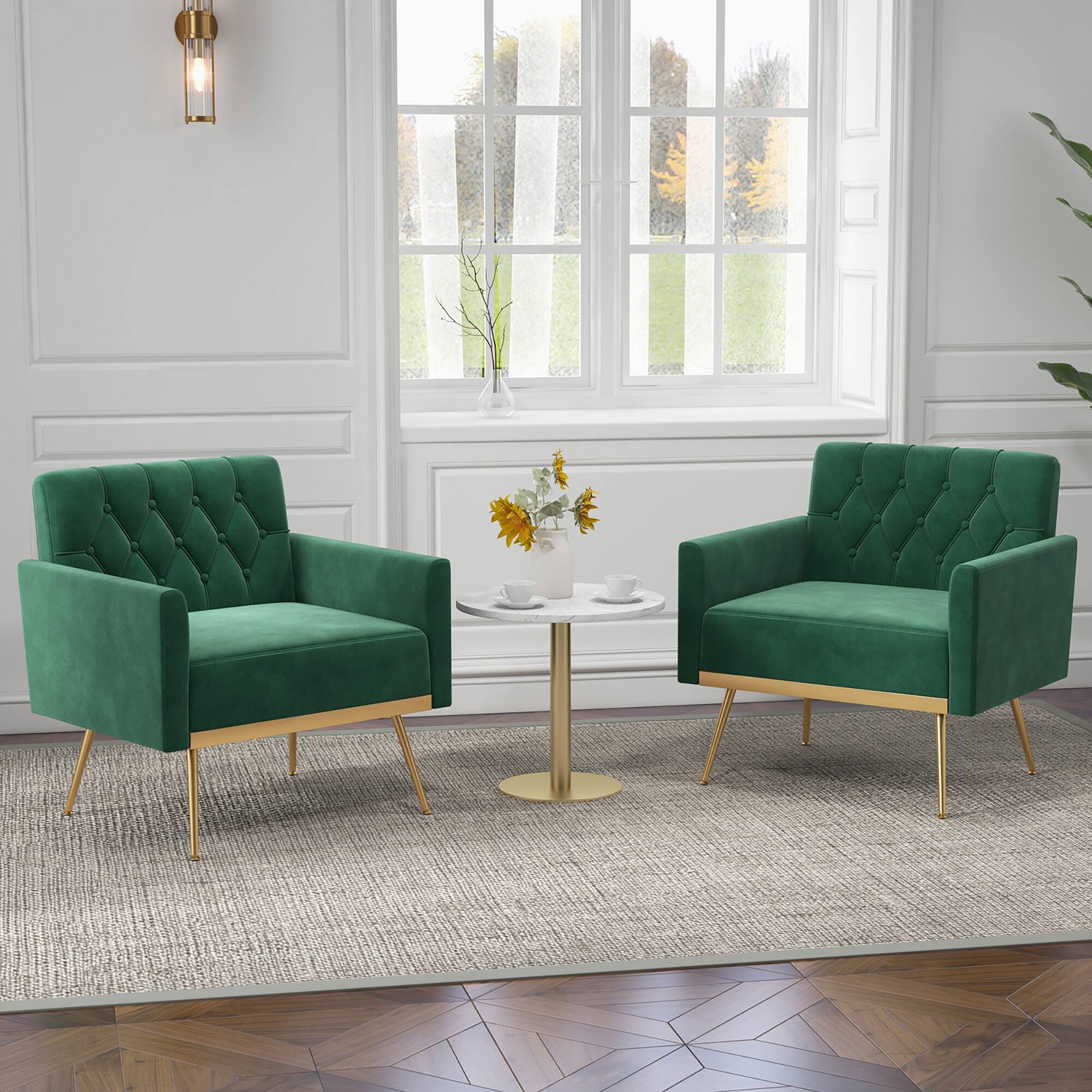 Alt View 1. Gymax - Gymax 2PCS Modern Velvet Accent Chair w/ Button Tufted Back Golden Metal Legs Green - Green.