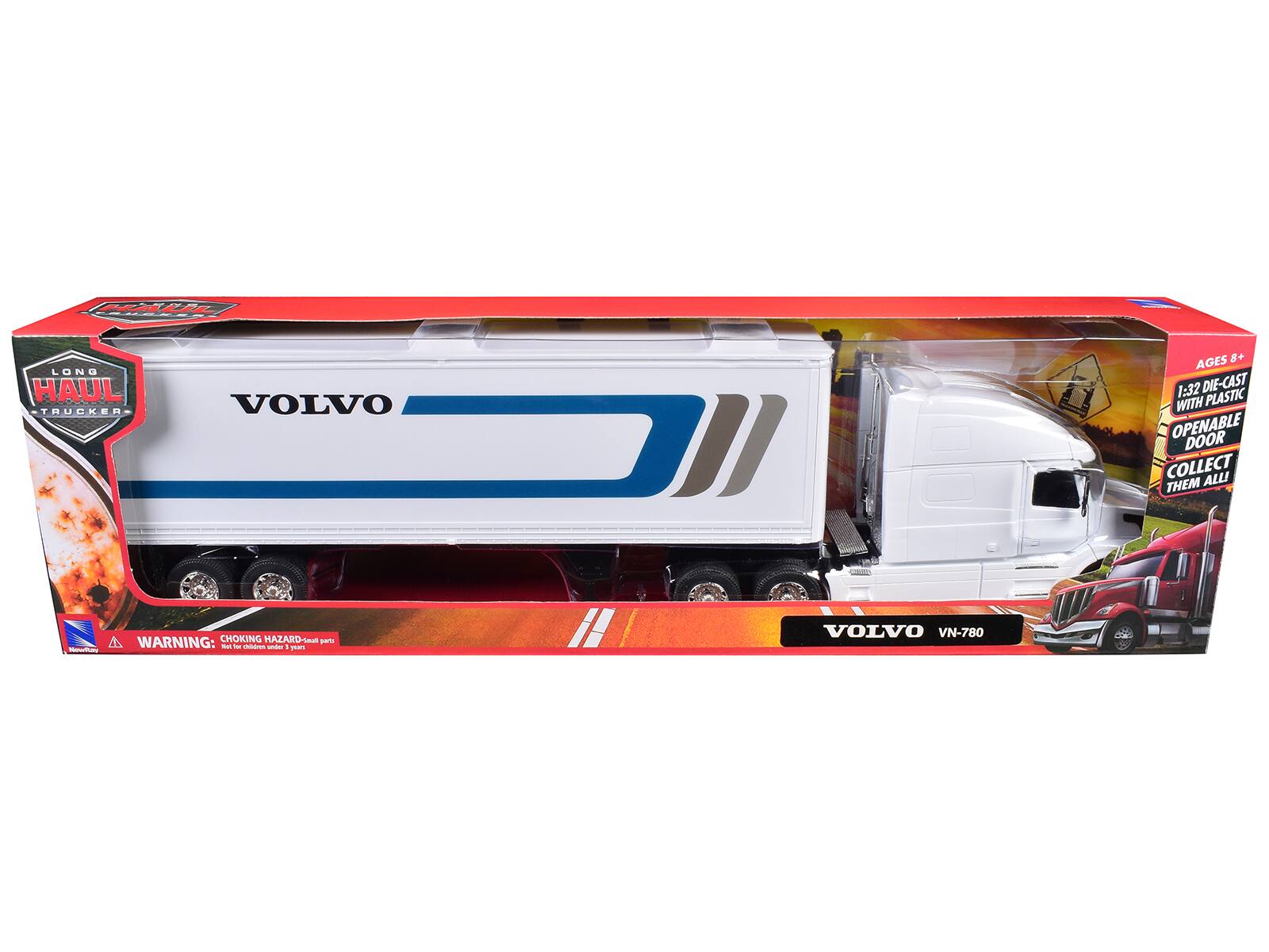 LONG HAUL TRUCKER  
VOLVO  
AGES 8+  
1:32 DIE-CAST WITH PLASTIC OPENABLE DOOR  
COLLECT THEM ALL!  
WARNING: CHOKING HAZARD - Small parts. Not for children under 3 years.  
VOLVO VN-780