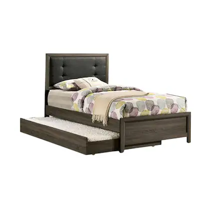 Front. Manhattan Lane - Meli Full Size Bed, Tufted Fabric Upholstery, Dark Gray Solid Wood - Gray, Black.