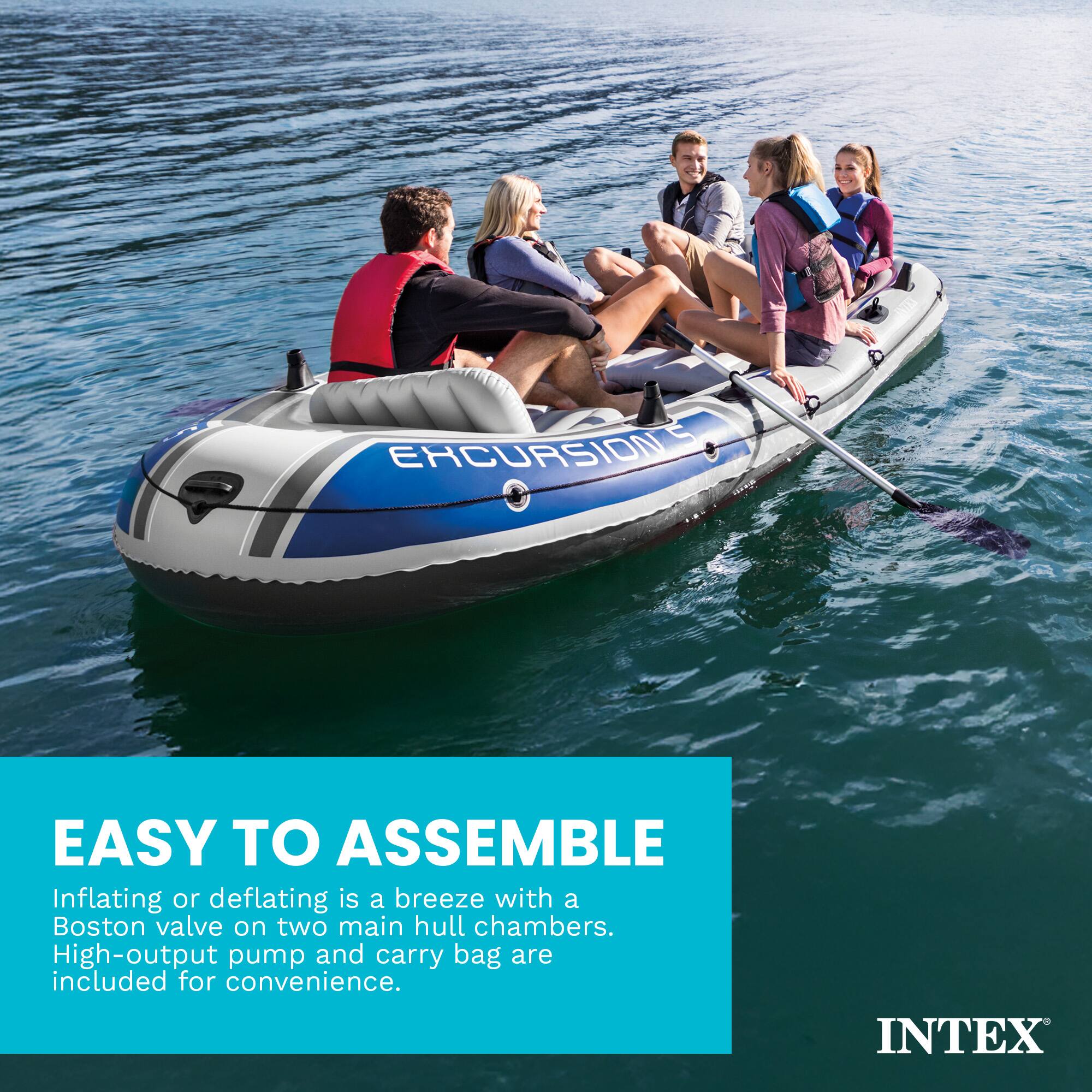 EASY TO ASSEMBLE  
Inflating or deflating is a breeze with a Boston valve on two main hull chambers. High-output pump and carry bag are included for convenience.  
INTEX