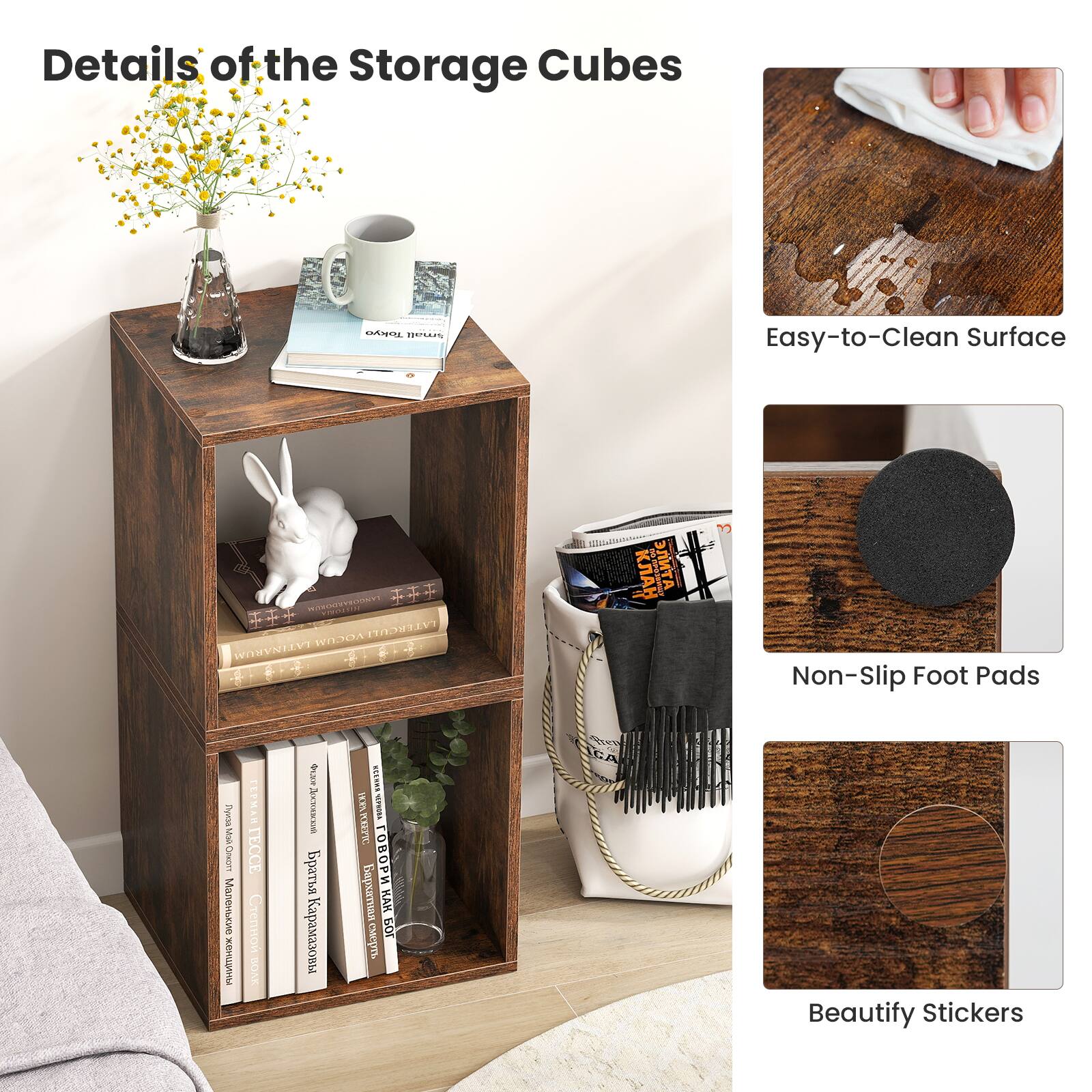Details of the Storage Cubes

- Easy-to-Clean Surface
- Non-Slip Foot Pads
- Beautify Stickers