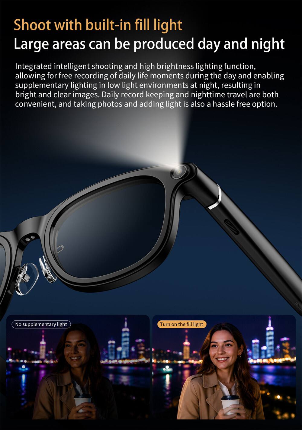 Shoot with built-in fill light  
Large areas can be produced day and night  

Integrated intelligent shooting and high brightness lighting function, allowing for free recording of daily life moments during the day and enabling supplementary lighting in low light environments at night, resulting in bright and clear images. Daily record keeping and nighttime travel are both convenient, and taking photos and adding light is also a hassle free option.  

No supplementary light  
Turn on the fill light
