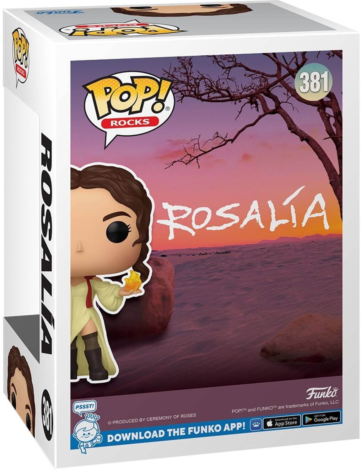 POP! ROCKS, 381, ROSALIA, Funko, LLC, PSSST!, FUNKO, LLC, POP! and FUNKO are trademarks of Funko, LLC, PRODUCED BY CEREMONY OF ROSES, DOWNLOAD THE FUNKO APP!, App Store, GET ON, Google Play, DOWNLOAD