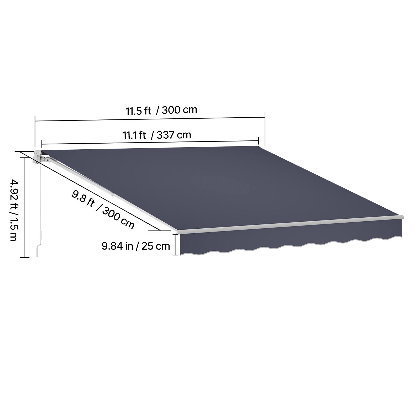 11.5 ft / 300 cm  
11.1 ft / 337 cm  
4.92 ft / 1.5 m  
9.8 ft / 300 cm  
9.84 in / 25 cm