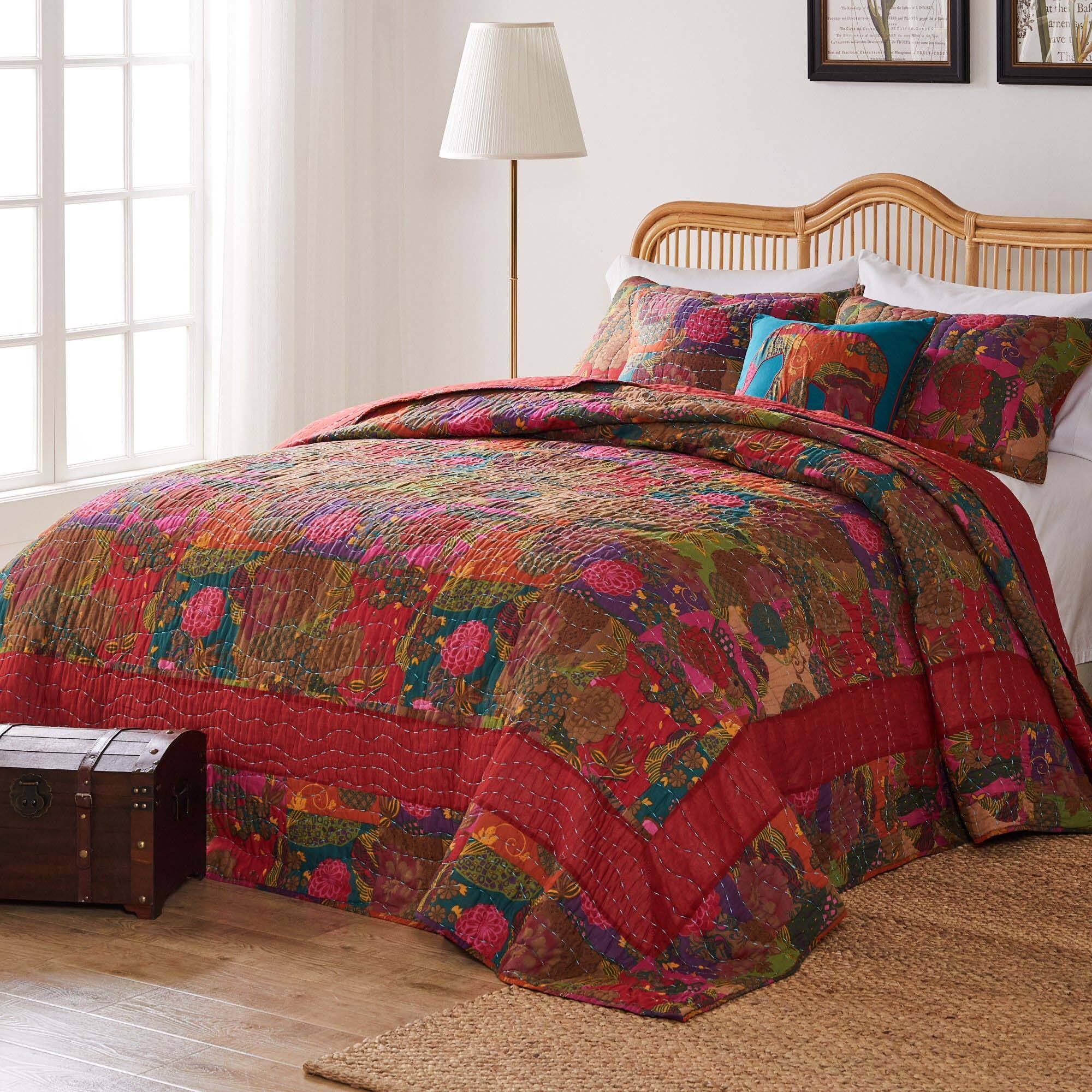 Alt View 3. Greenland Home Fashions - Greenland Home Fashions Jewel Cotton Kantha Quilted Bedspread Set - Jumbo Sized Reversible Quilt Set 3-Piece Queen Red - Multicolor.