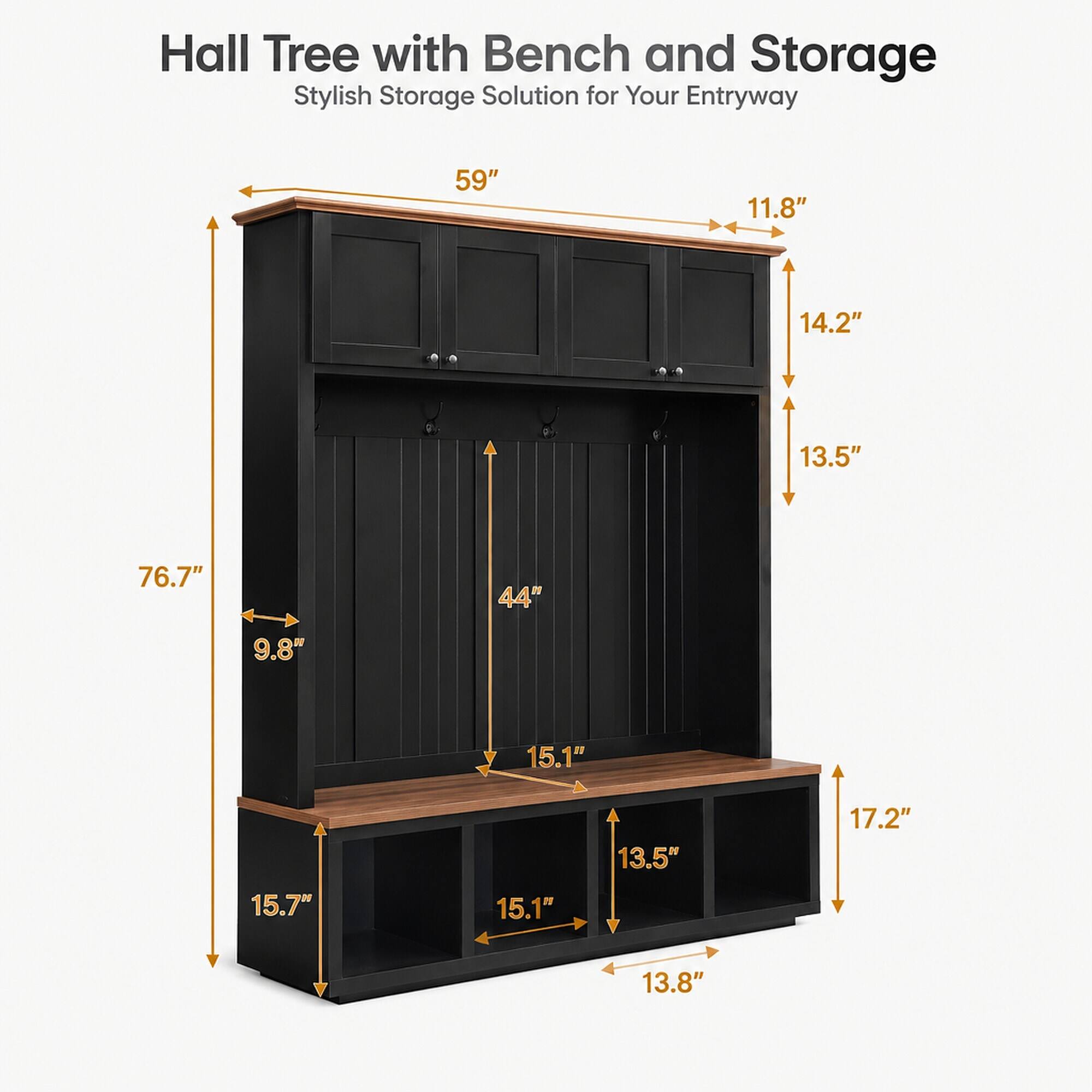 Hall Tree with Bench and Storage Stylish Storage Solution for Your Entryway

59"
11.8"
14.2"
13.5"
76.7"
44"
9.8"
15.1"
15.7"
15.1"
13.5"
17.2"
13.8"