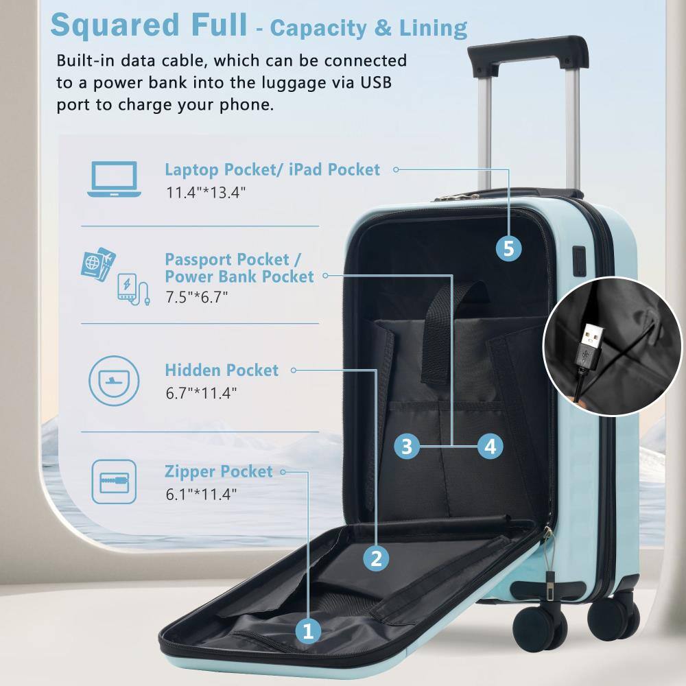 Squared Full - Capacity & Lining

Built-in data cable, which can be connected to a power bank into the luggage via USB port to charge your phone.

- Laptop Pocket / iPad Pocket: 11.4" x 13.4"
- Passport Pocket / Power Bank Pocket: 7.5" x 6.7"
- Hidden Pocket: 6.7" x 11.4"
- Zipper Pocket: 6.1" x 11.4"