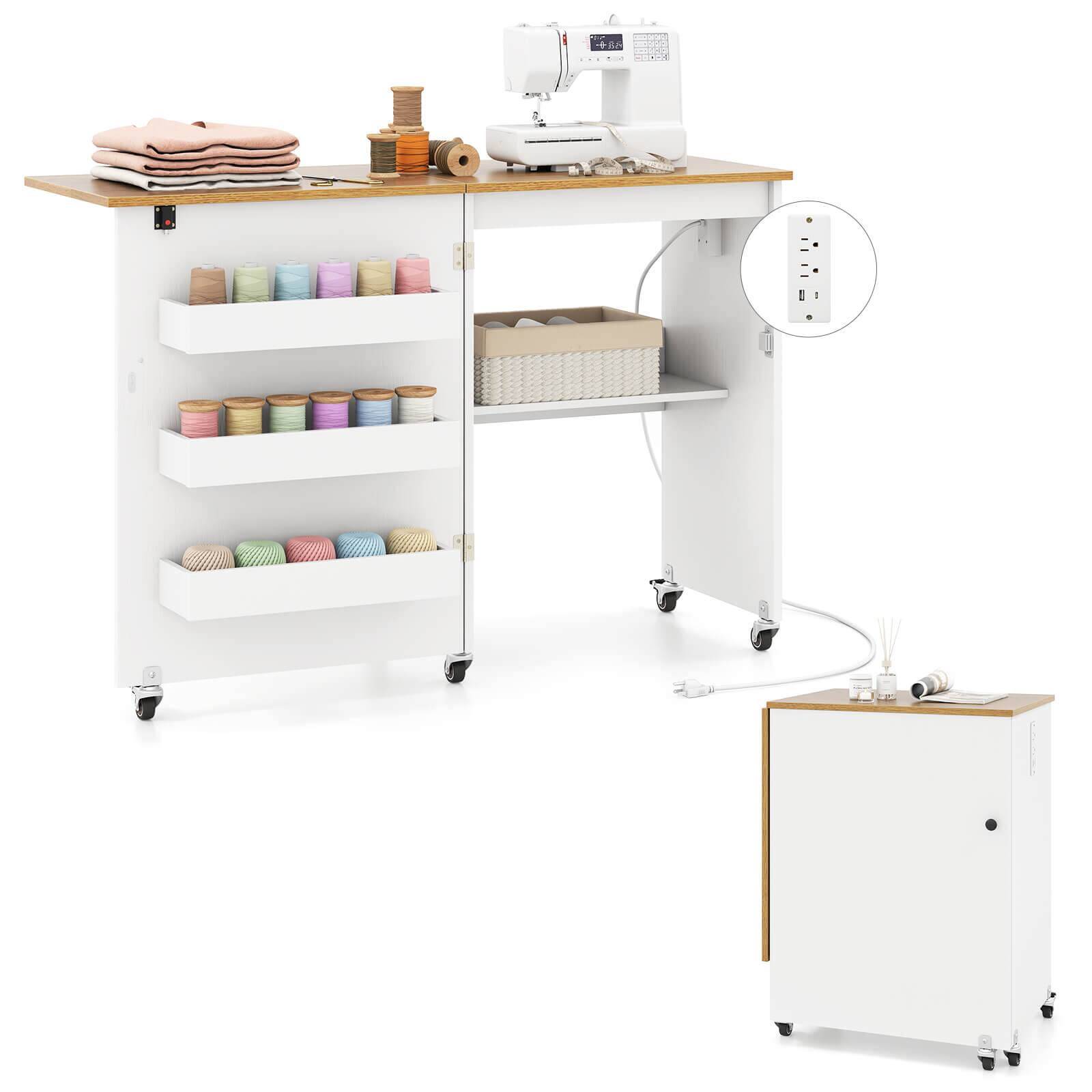 Front. Costway - Costway Folding Sewing Table Rolling Craft Station with 3 Storage Bins & Charging Station - White+Natural.