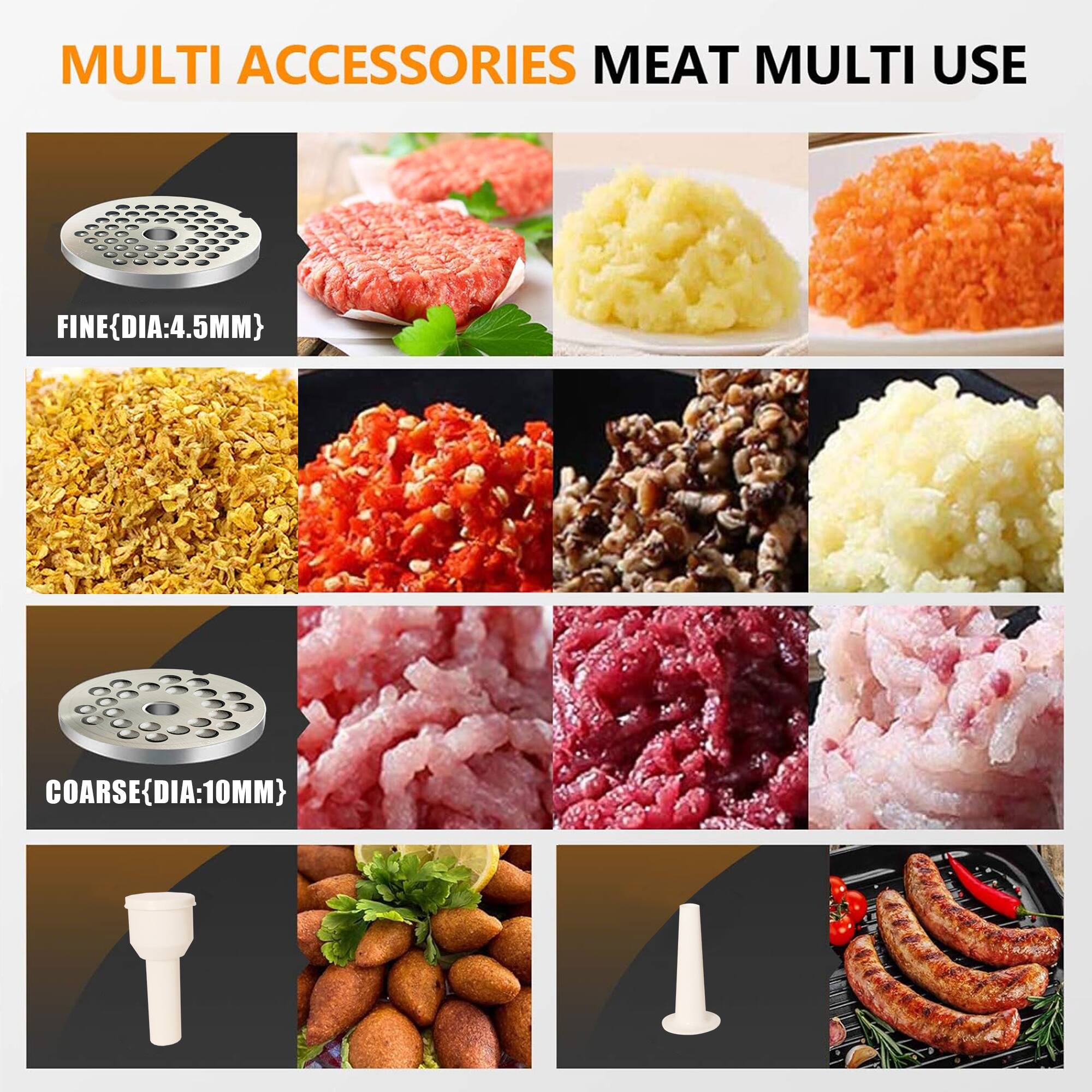 MULTI ACCESSORIES MEAT MULTI USE

FINE {DIA: 4.5MM}

COARSE {DIA: 10MM}
