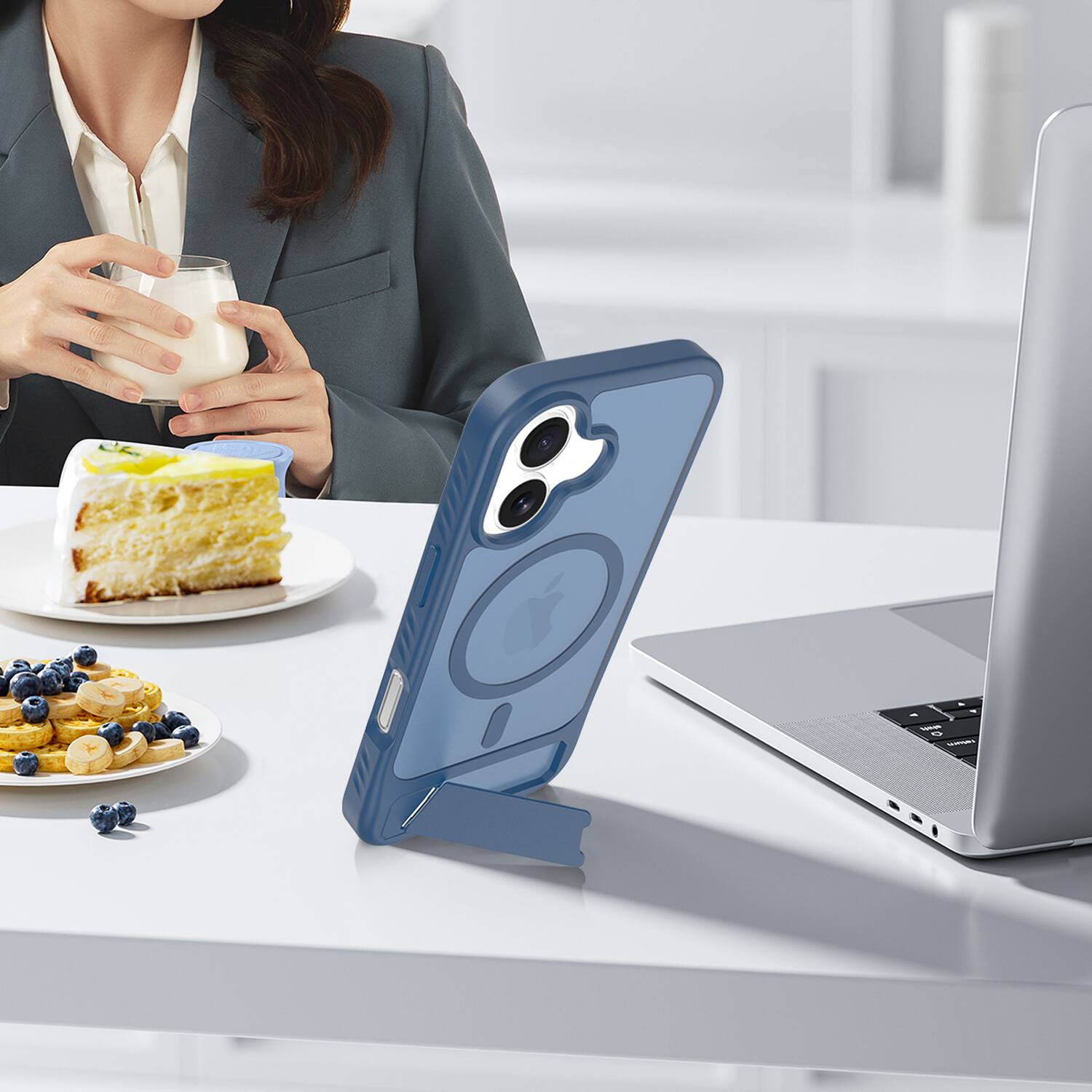 Alt View 3. Dteck - for Apple iPhone 17 Translucent Matte Case,Shockproof Stand Slim Mag Safe Cover with Glass Screen - Darkblue.