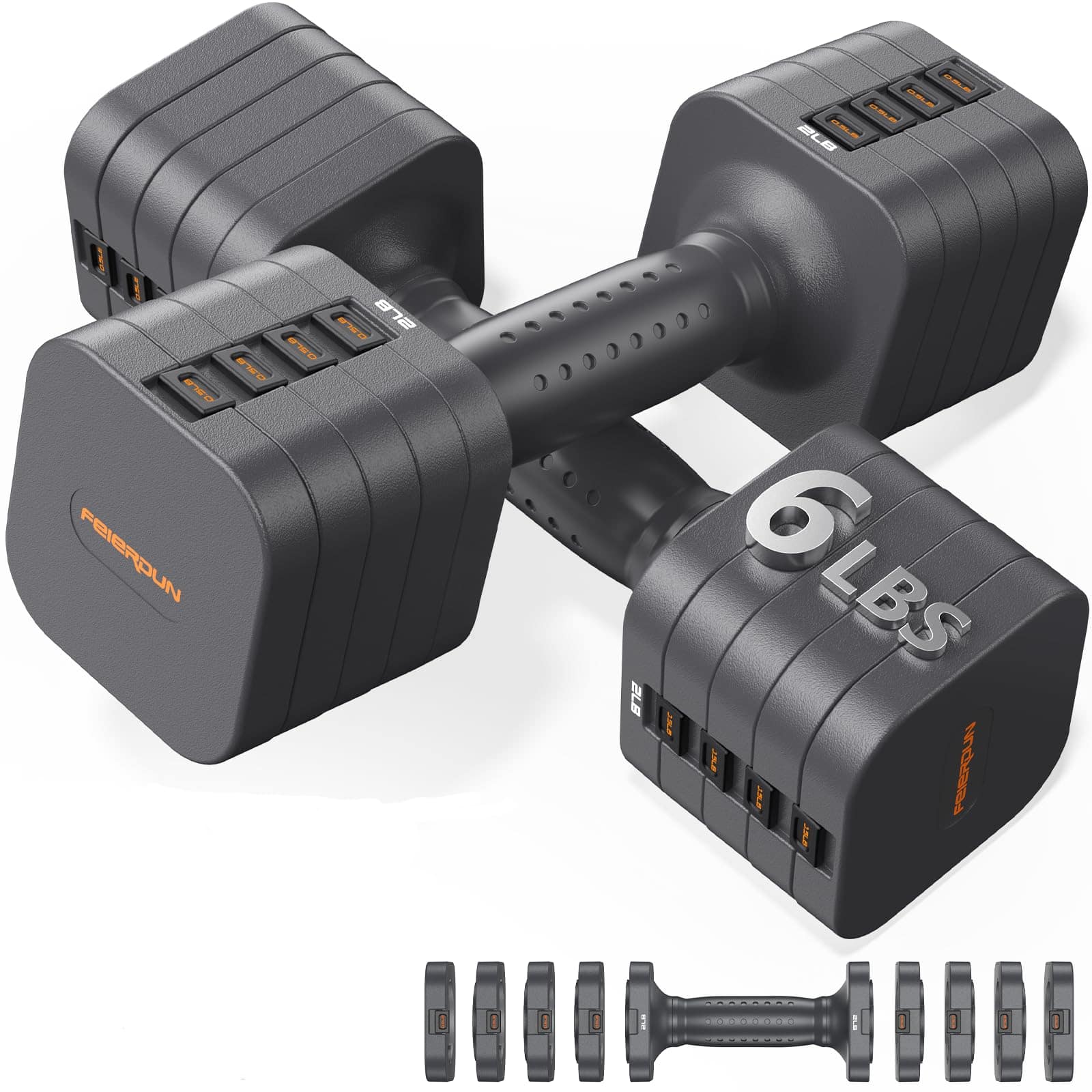 FEIERDUN - 5-in-1 Adjustable Black Dumbbell Set of 2, 12LBS Hand Weights for Women, 1s-Adjust Dual-Stable Dumbbell Set - Gray